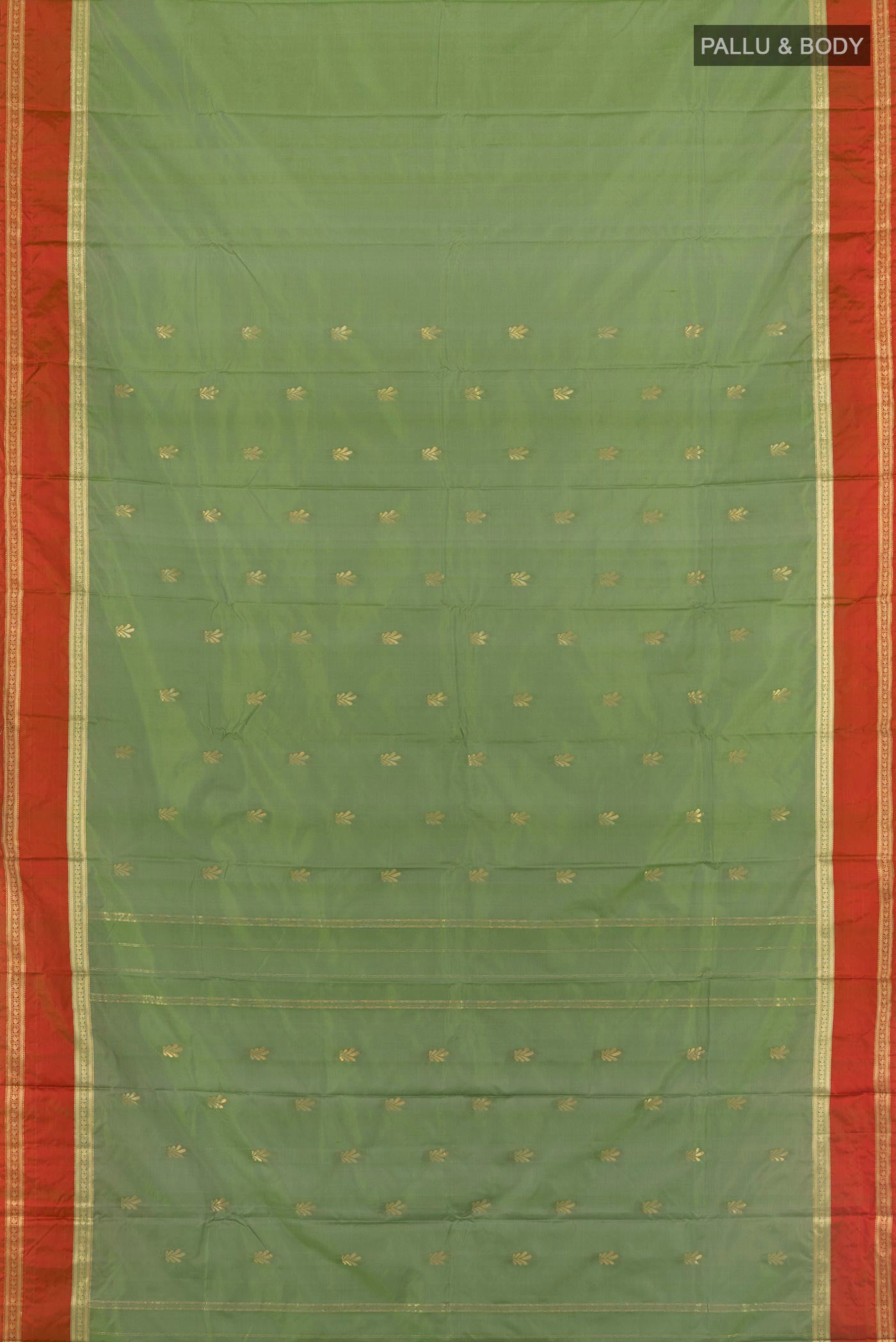 Flat view of Light Green Bangalore Silk Saree with Zari Butta on the body and Zari Border. 