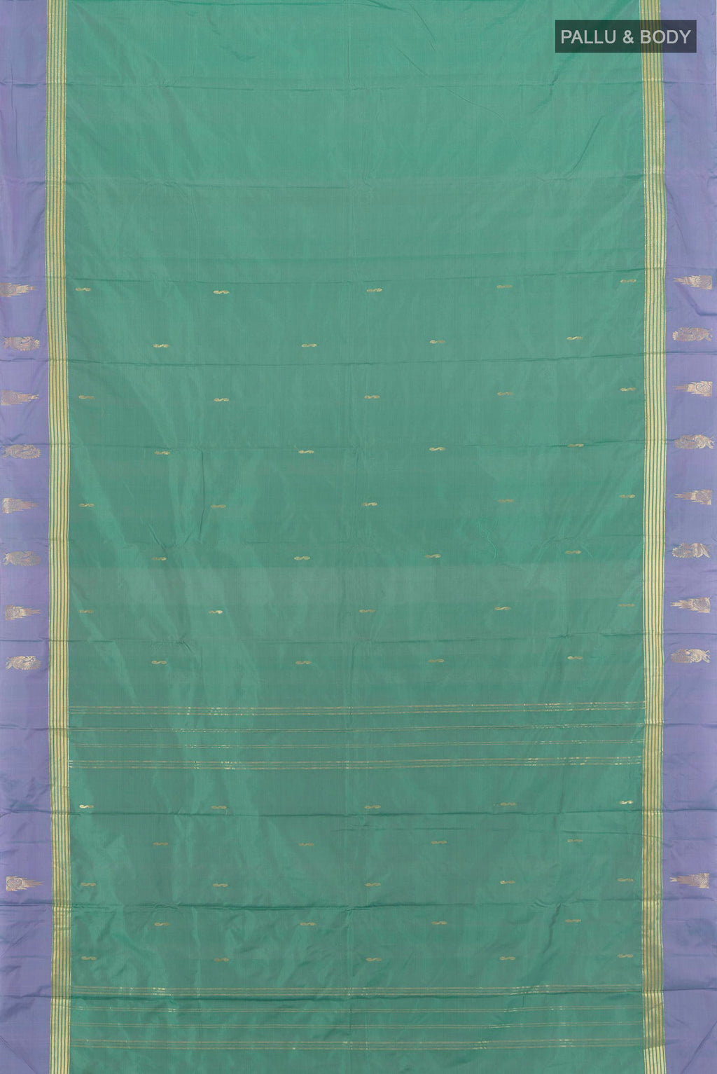Flat view of Teal Kanjivaram Silk Saree with Zari Butta on the body and Plain Border. 
