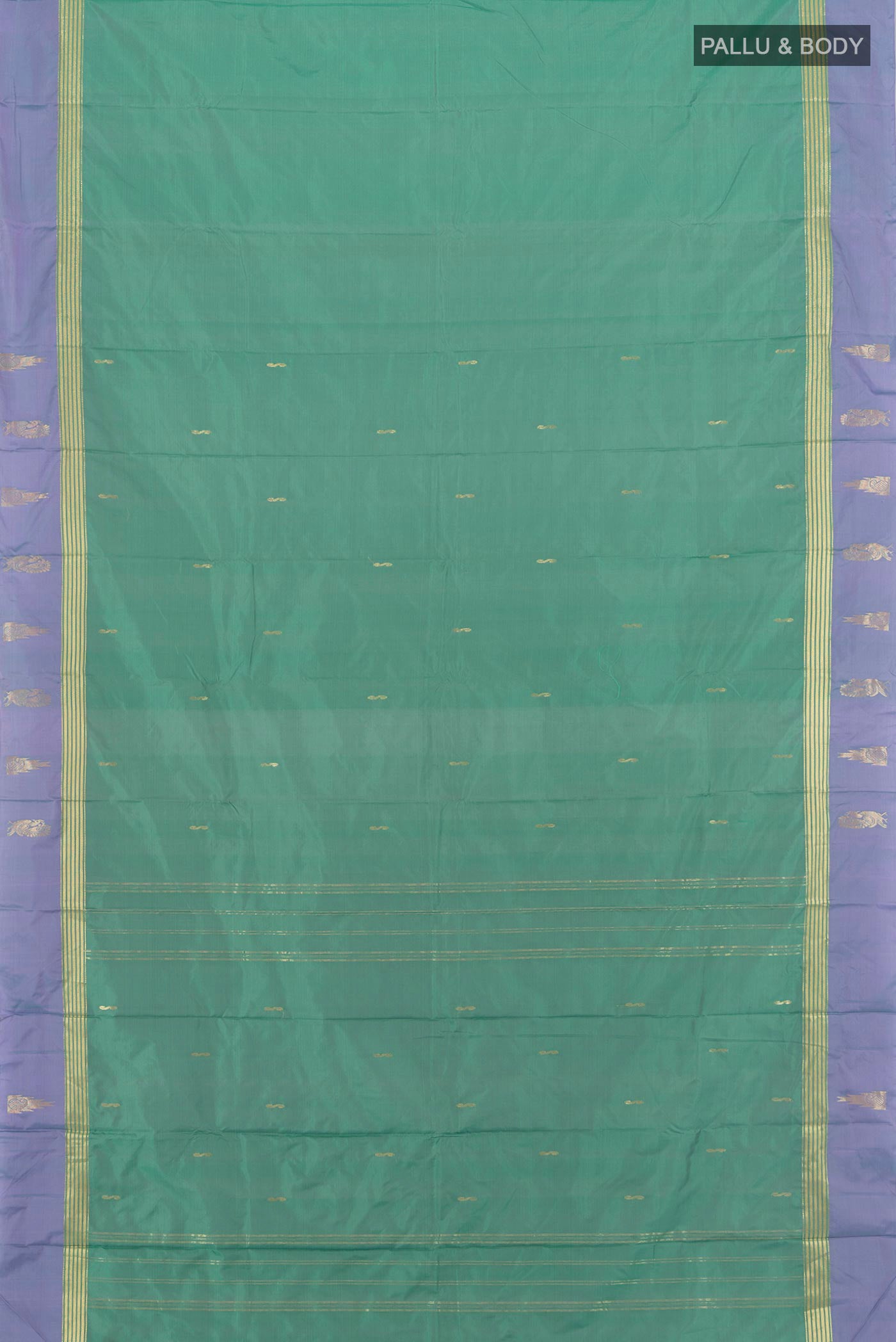 Flat view of Teal Kanjivaram Silk Saree with Zari Butta on the body and Plain Border. 