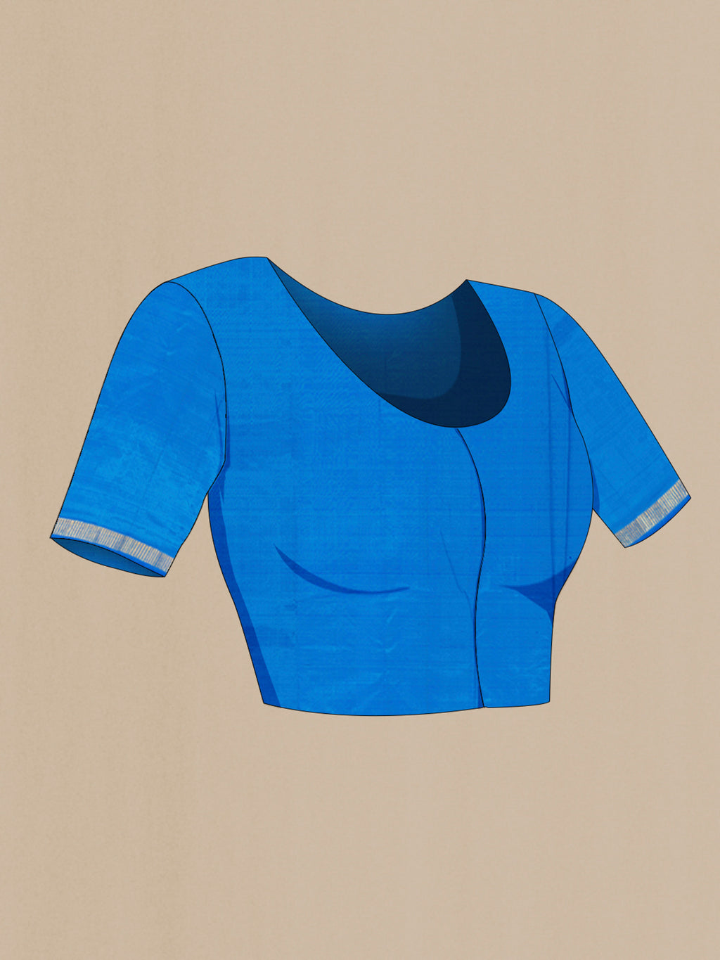 Close up image of the blouse of Light Blue Kanchipuram Silk Saree with Plain Body and Zari Border. 