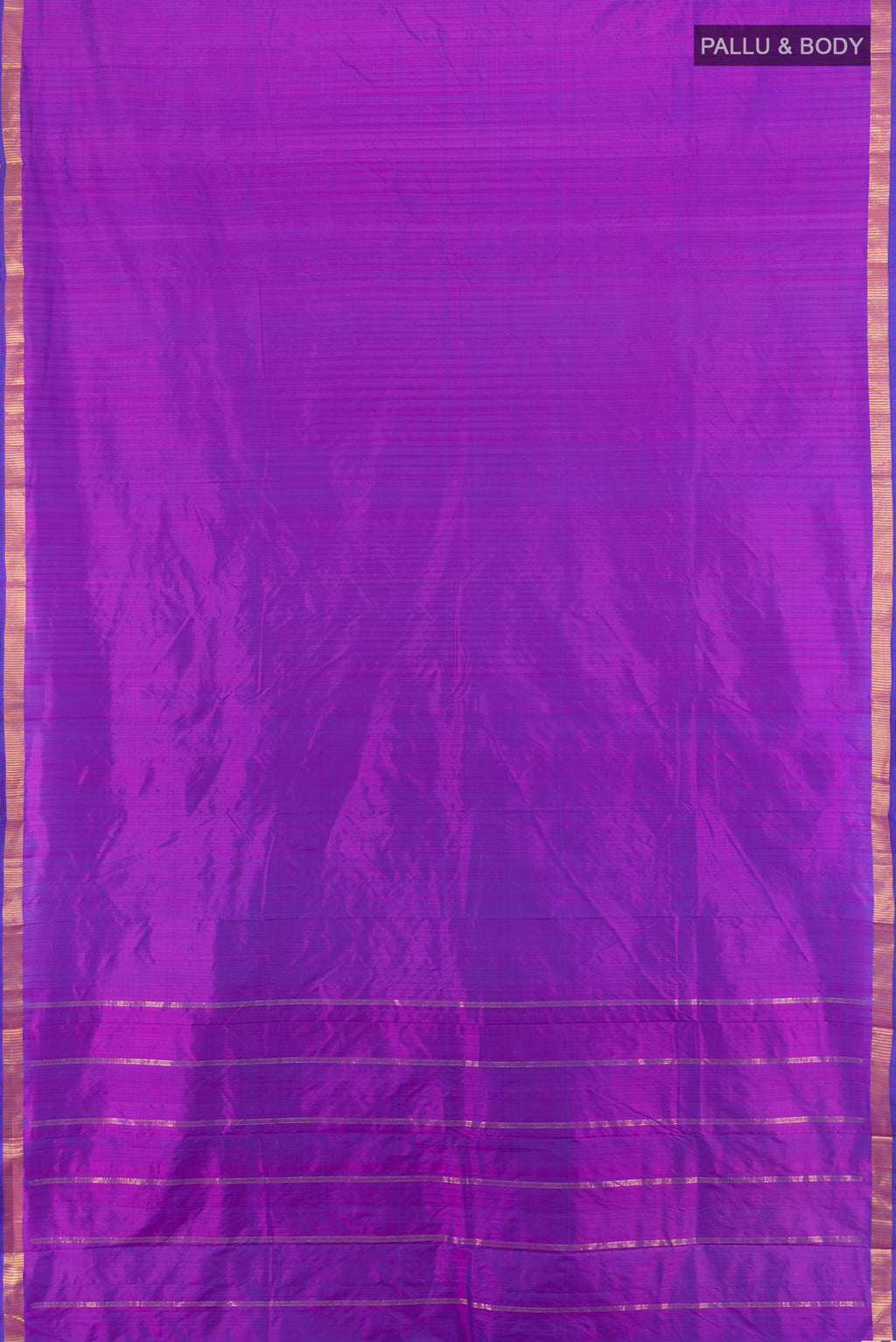 Flat view of Purple Kanchipuram Silk Saree with Plain Body and Zari Border. 