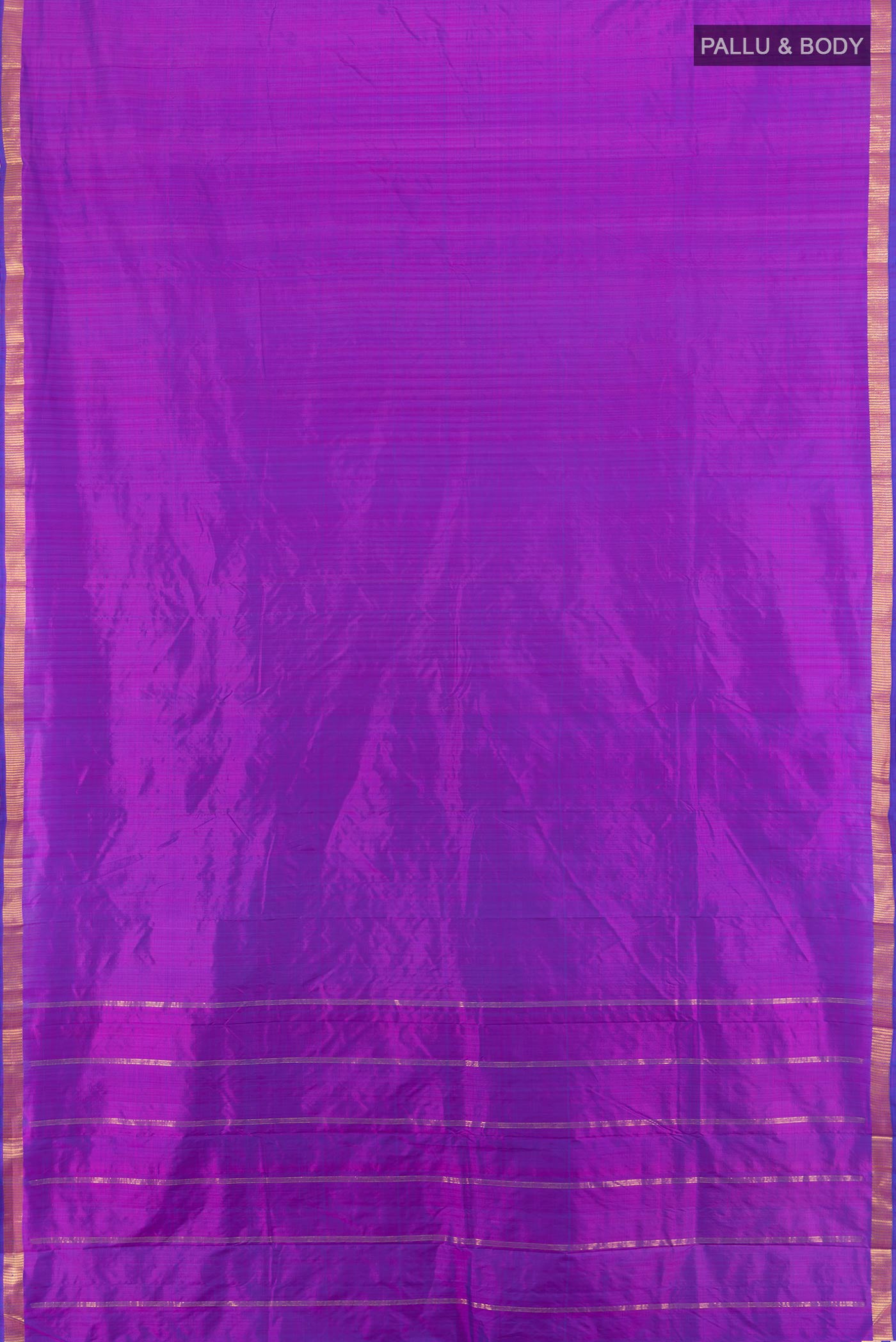 Flat view of Purple Kanchipuram Silk Saree with Plain Body and Zari Border. 