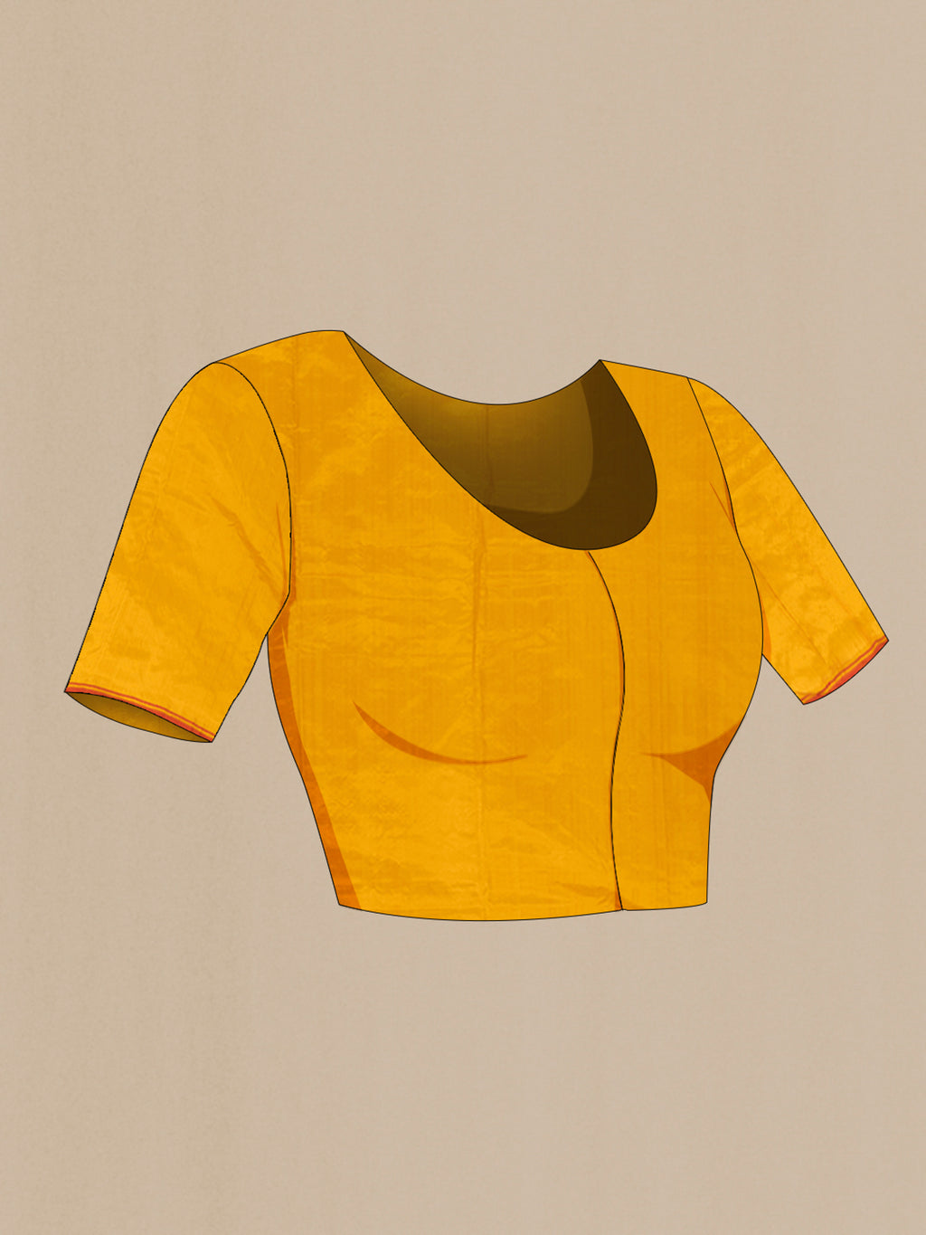 Close up image of the blouse of Mustard Kanchipuram Silk Saree with Plain Body and Thread Border. 