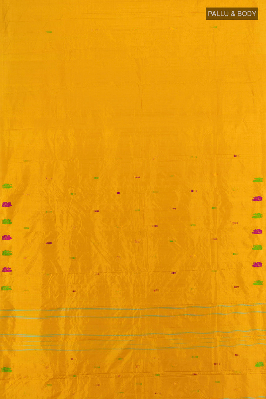 Flat view of Mustard Kanchipuram Silk Saree with Plain Body and Thread Border. 