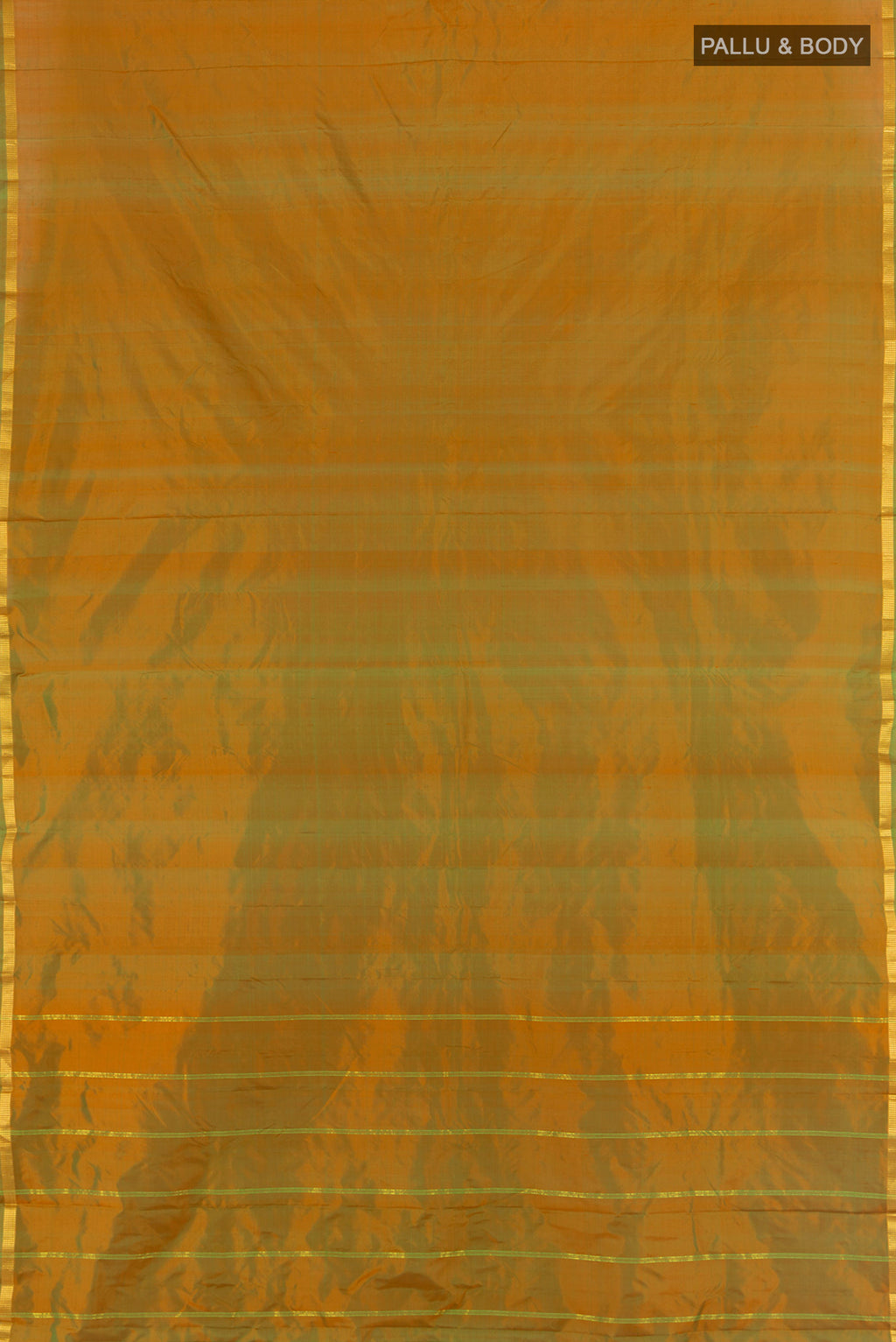 Flat view of Mehandi Green Dual Tone Kanchipuram Silk Saree with Zari Butta on the body and Zari Border. 