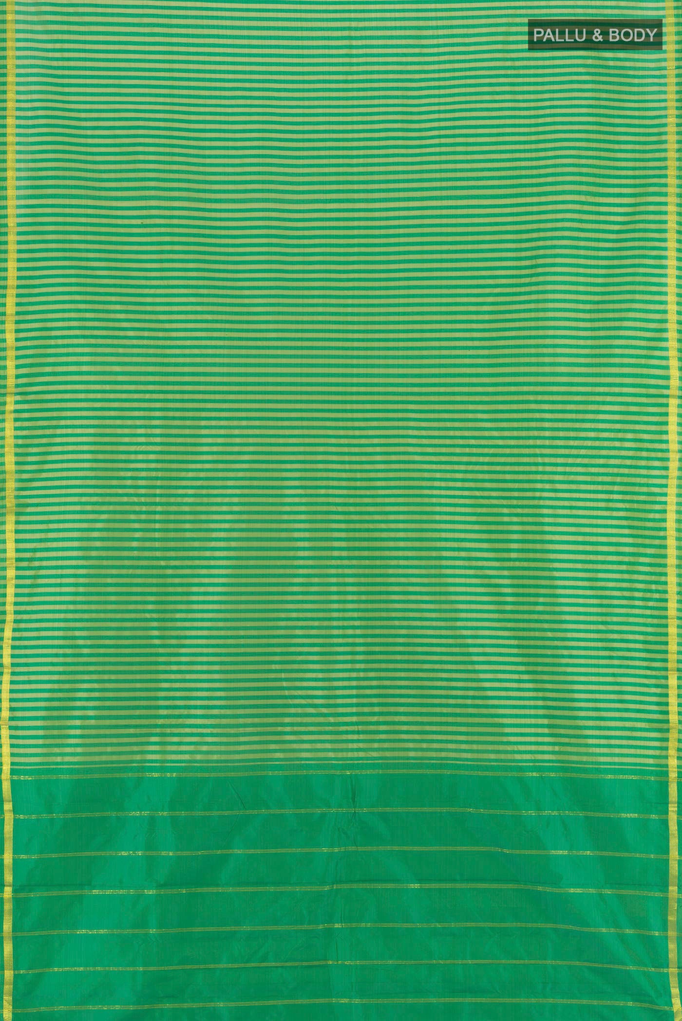 Flat view of Light Green Kanchipuram Silk Saree with Stripes on the body and Zari Border. 