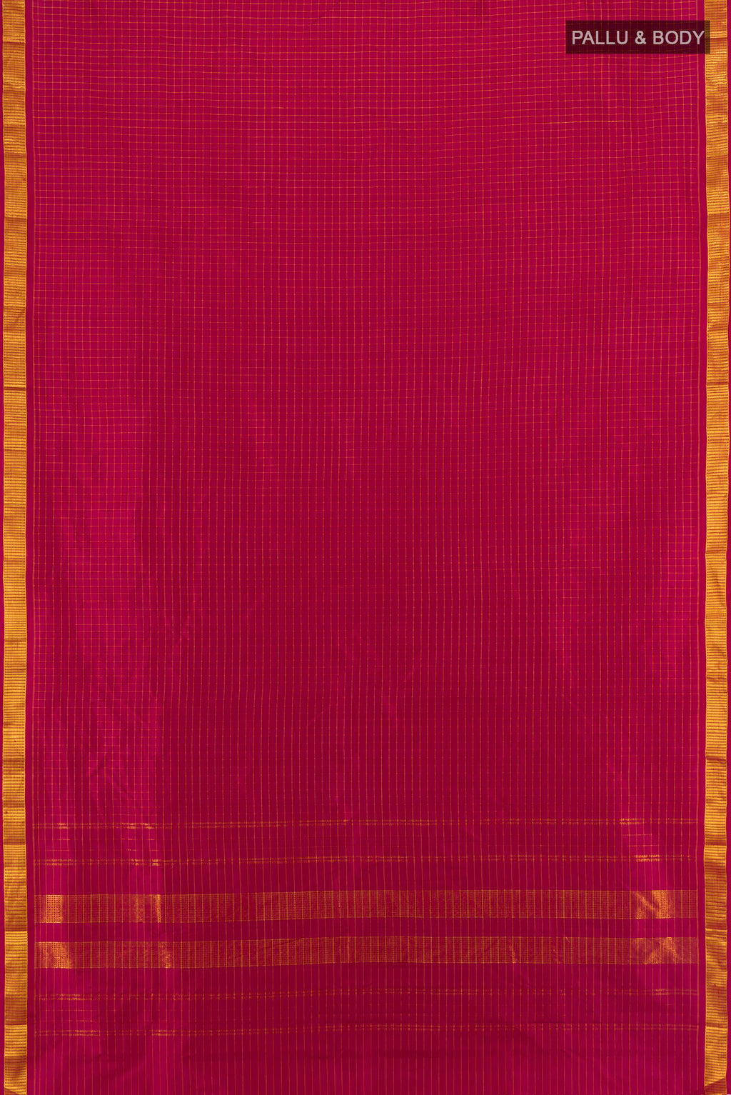 Flat view of Maroon Kanjivaram Silk Saree with Checked design on the body and Zari Border. 