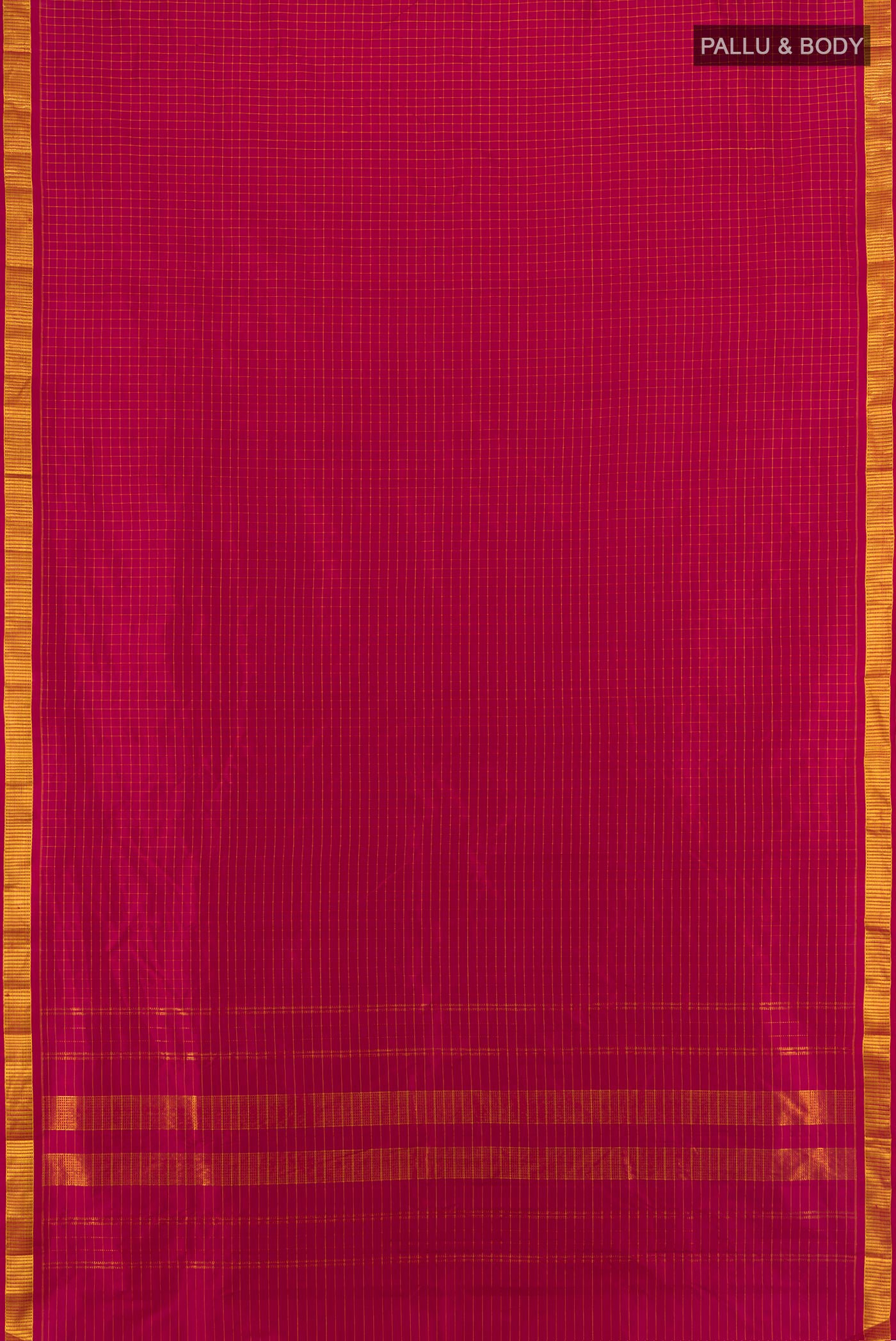Flat view of Maroon Kanjivaram Silk Saree with Checked design on the body and Zari Border. 