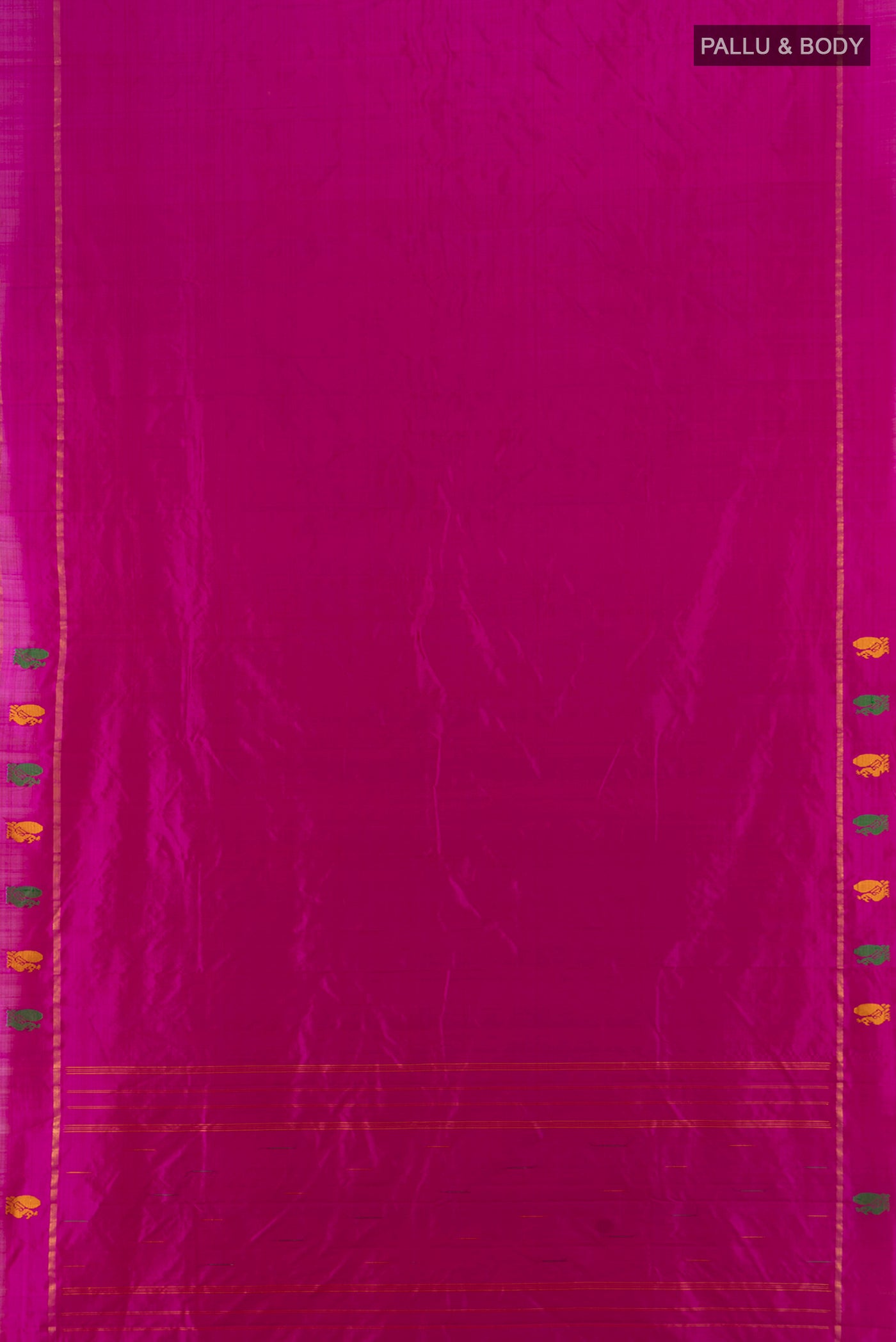 Flat view of Magenta Kanchipuram Silk Saree with Plain Body and Zari Border. 