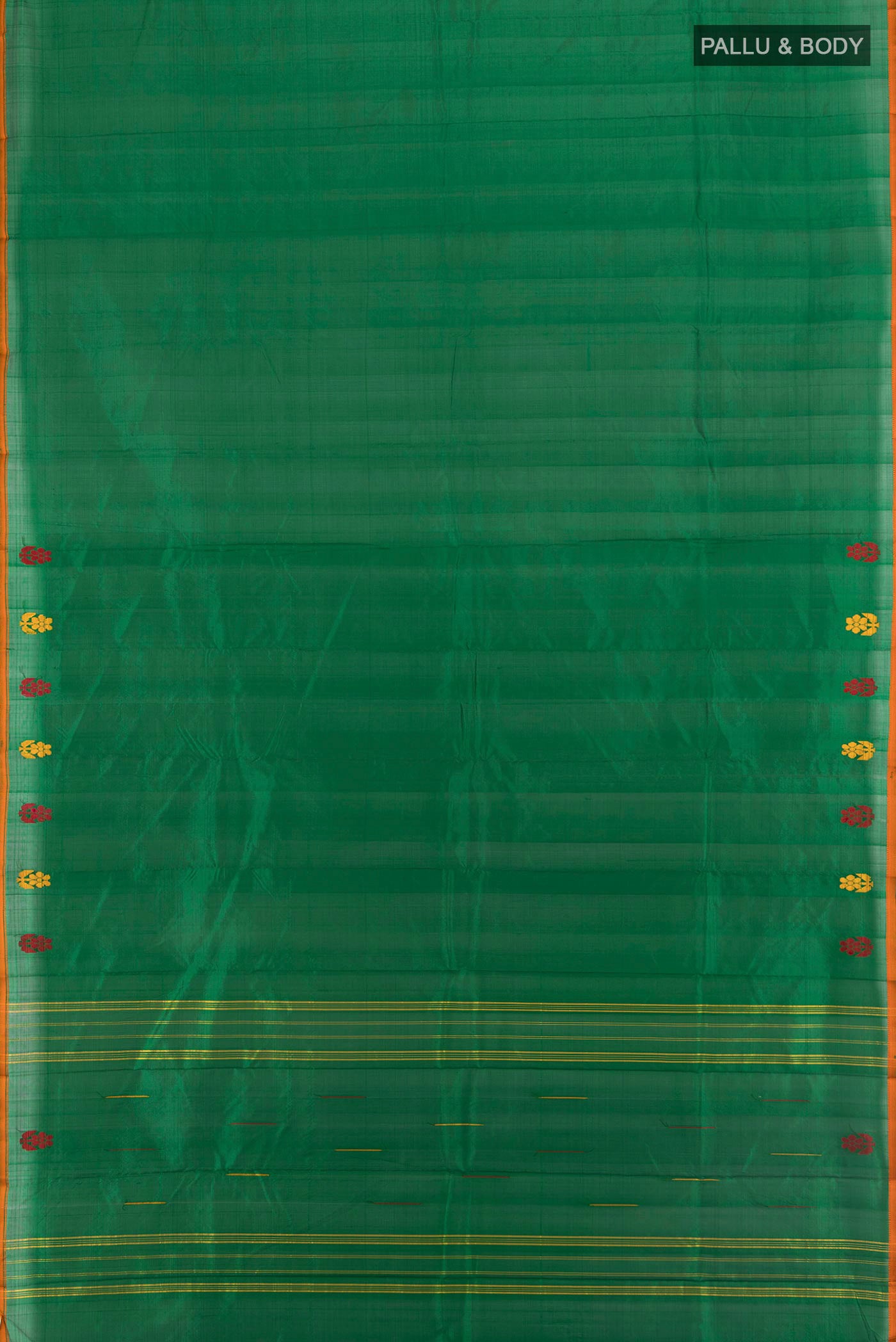 Flat view of Bottle Green Kanchipuram Silk Saree with Plain Body and Thread Border. 