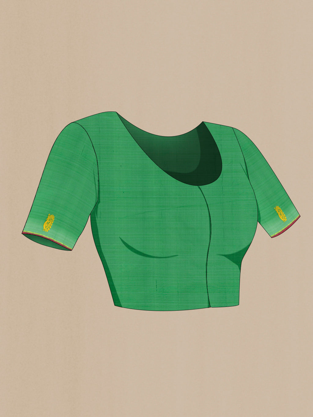 Close up image of the blouse of Parrot Green Kanchipuram Silk Saree with Thread Butta on the body and Thread Border. 