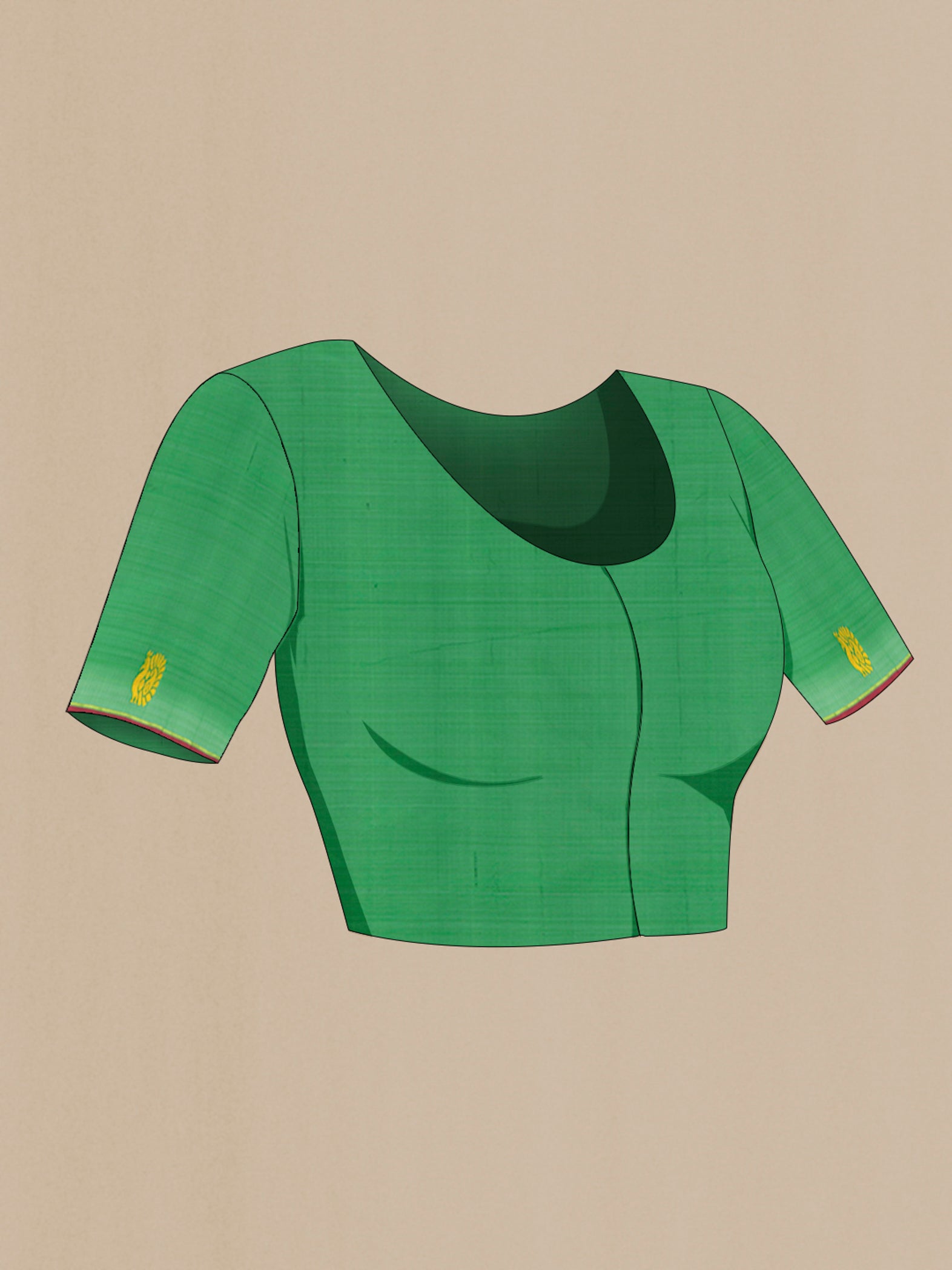 Close up image of the blouse of Parrot Green Kanchipuram Silk Saree with Thread Butta on the body and Thread Border. 