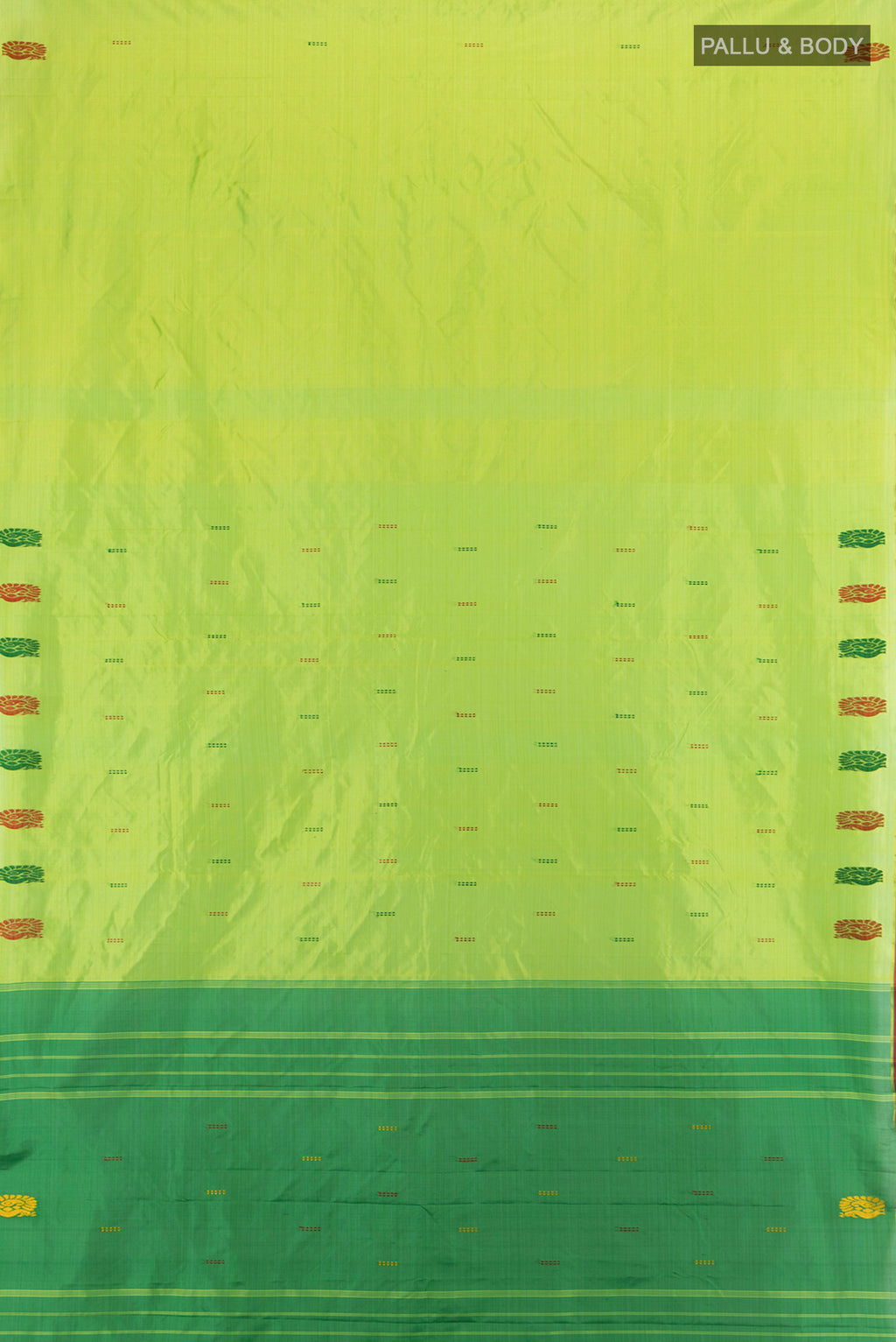 Flat view of Parrot Green Kanchipuram Silk Saree with Thread Butta on the body and Thread Border. 