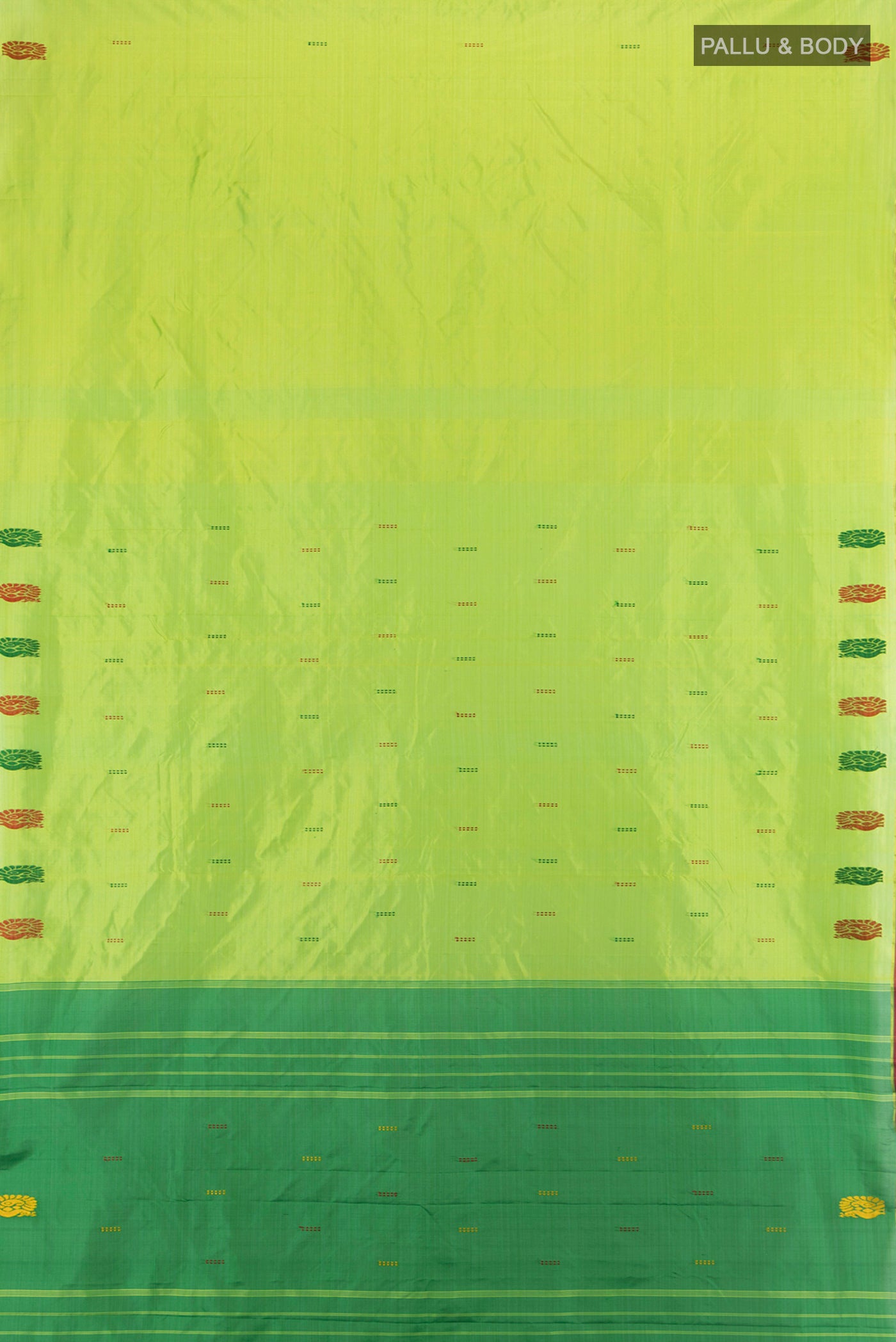 Flat view of Parrot Green Kanchipuram Silk Saree with Thread Butta on the body and Thread Border. 