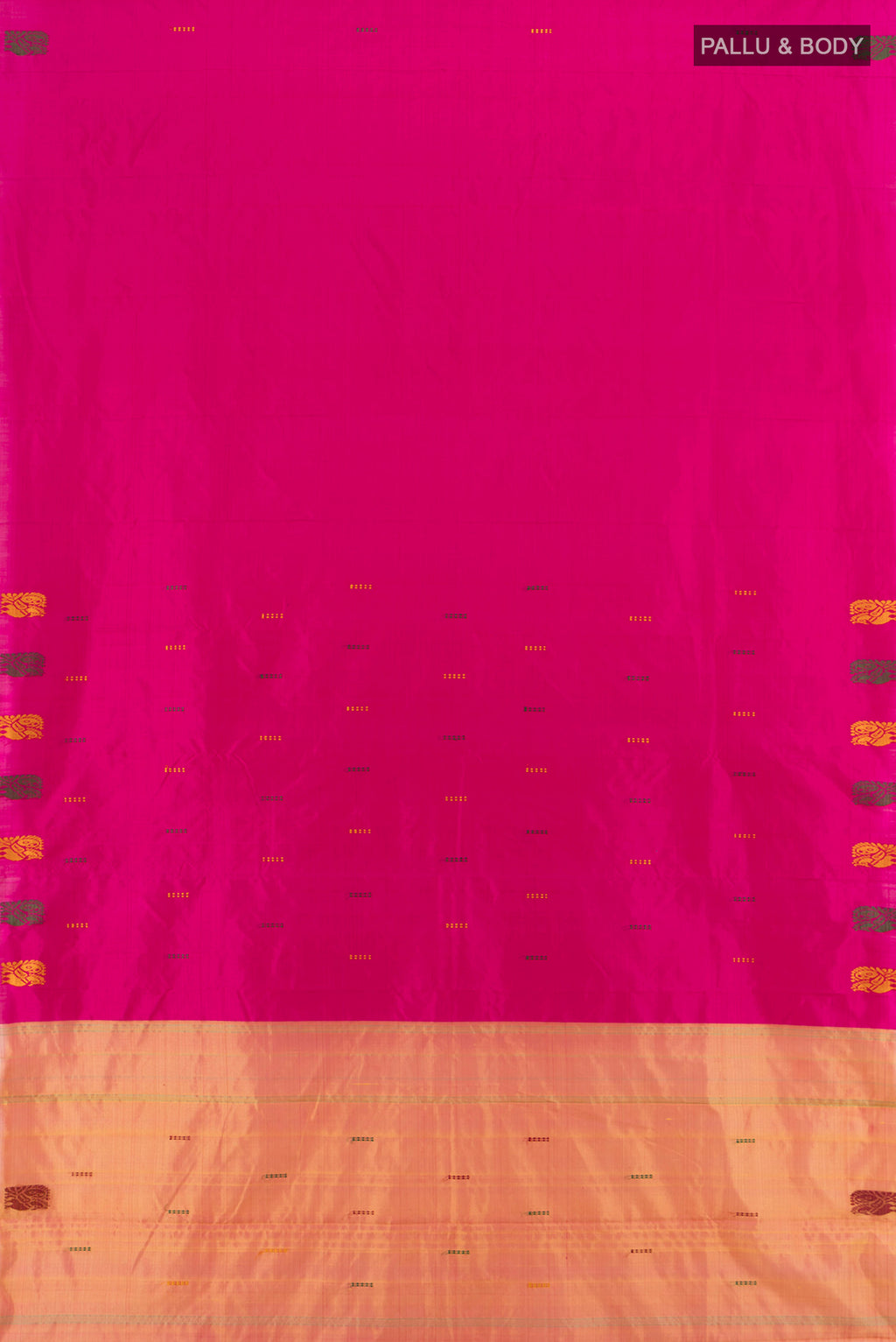 Flat view of Magenta Kanchipuram Silk Saree with Thread Butta on the body and Thread Border. 