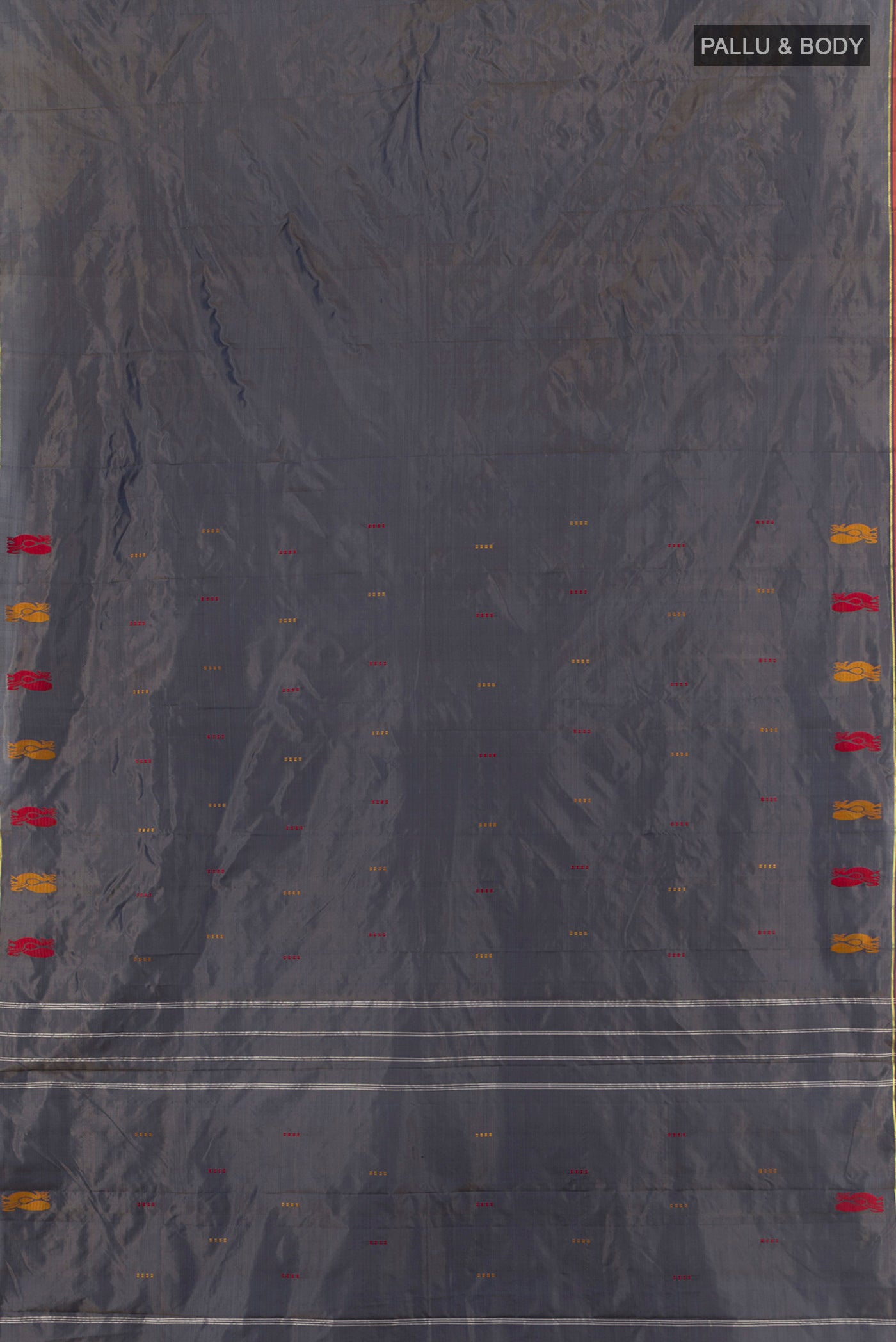 Flat view of Davys Grey Kanchipuram Silk Saree with Plain Body and Thread Border. 