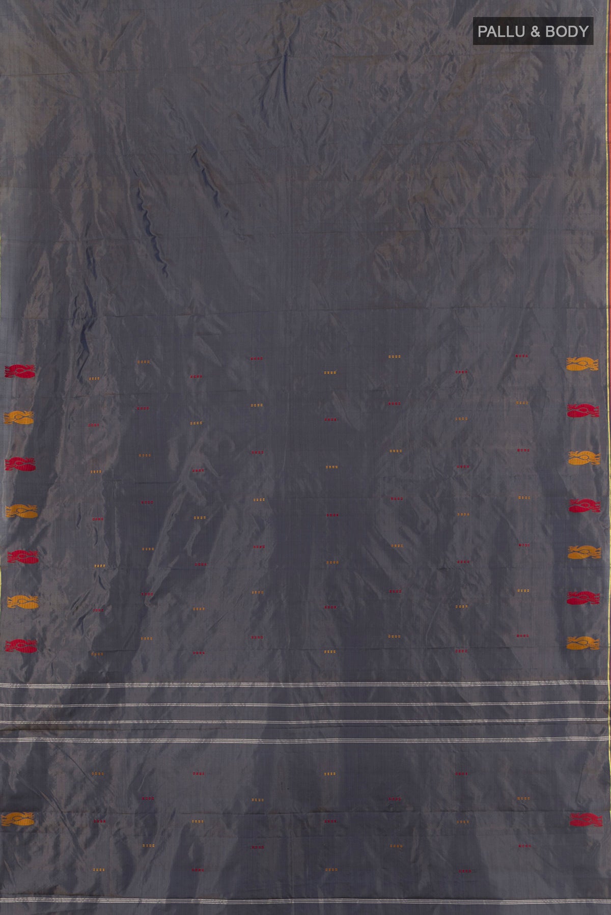 Flat view of Davys Grey Kanchipuram Silk Saree with Plain Body and Thread Border. 