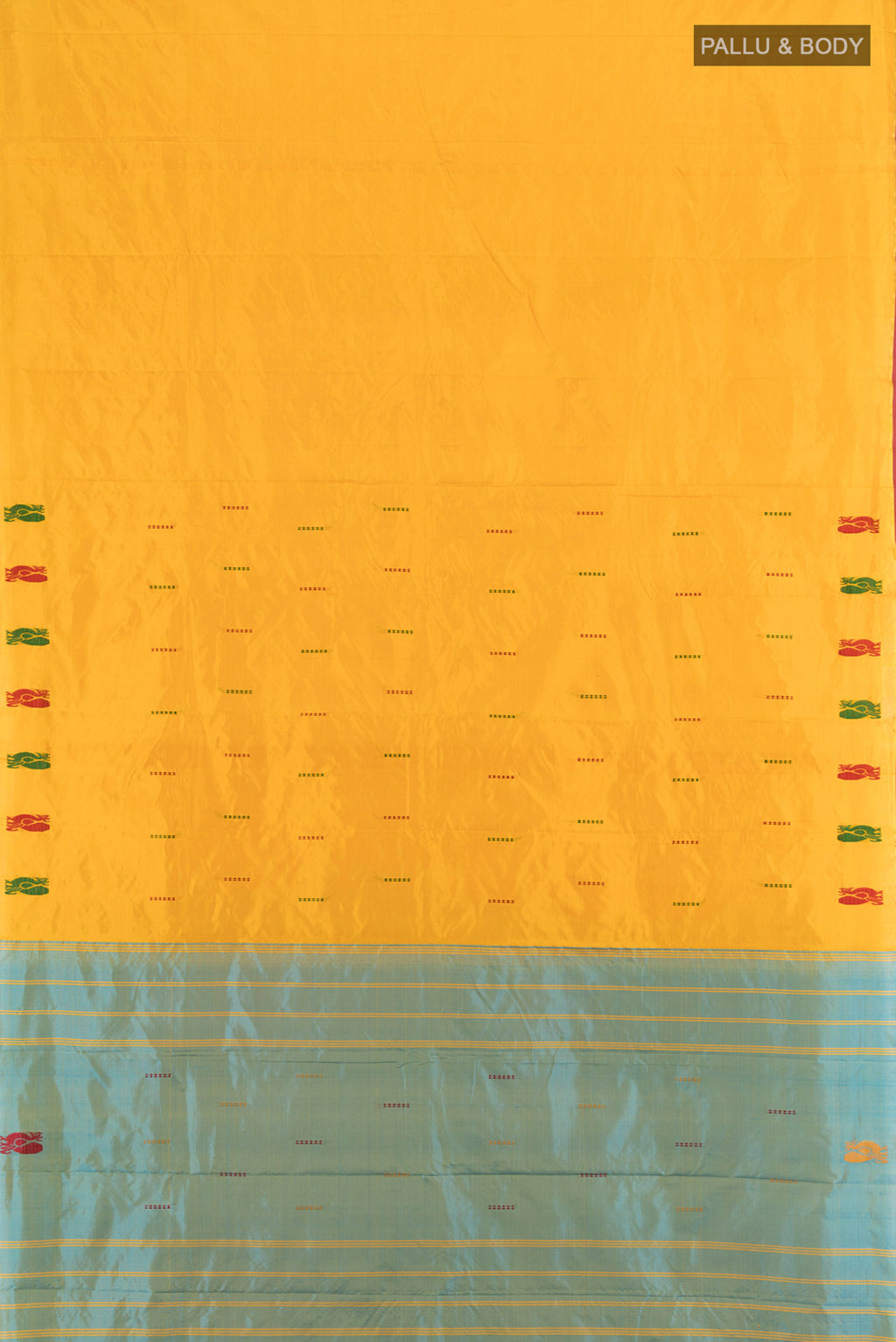 Flat view of Yellow Kanchipuram Silk Saree with Thread Butta on the body and Thread Border. 