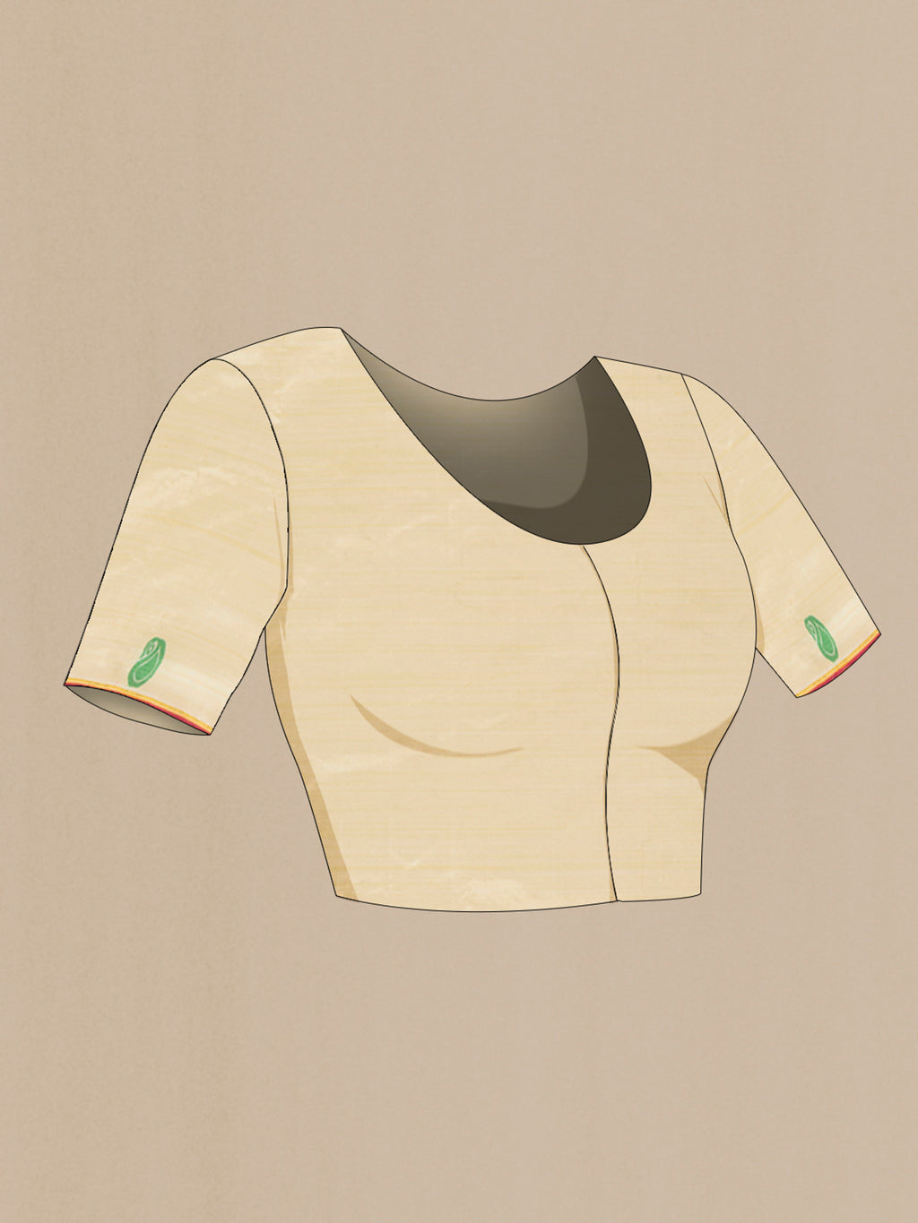 Close up image of the blouse of Cream Kanchipuram Silk Saree with Thread Butta on the body and Thread Border. 