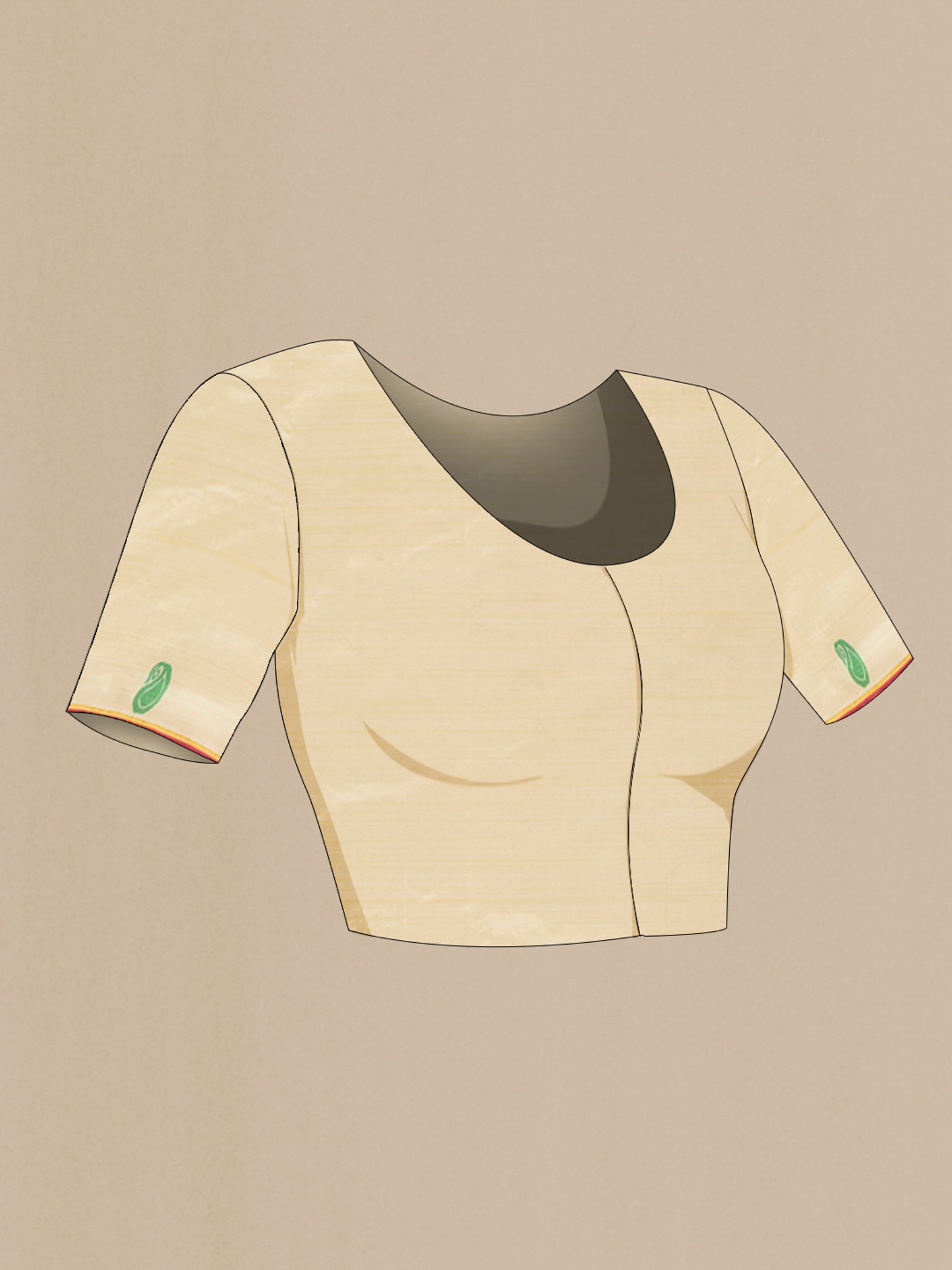 Close up image of the blouse of Cream Kanchipuram Silk Saree with Thread Butta on the body and Thread Border. 