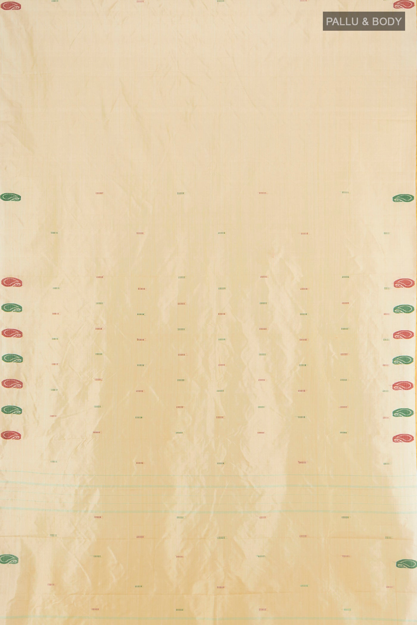 Flat view of Cream Kanchipuram Silk Saree with Thread Butta on the body and Thread Border. 