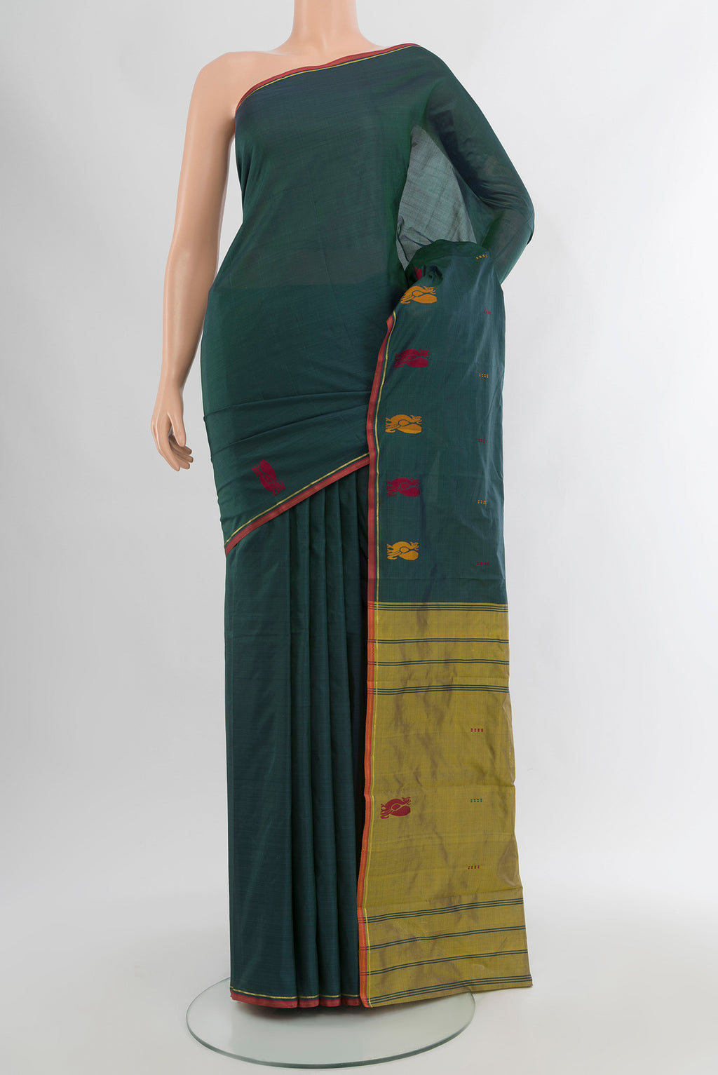 Peacock Blue Kanchipuram Silk Saree with Thread Butta on the body and Thread Border.  displayed on a mannequin