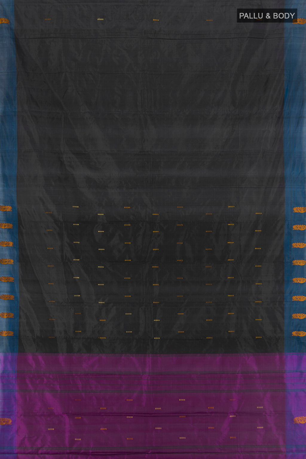 Flat view of Black Kanchipuram Silk Saree with Thread Butta on the body and Thread Border. 
