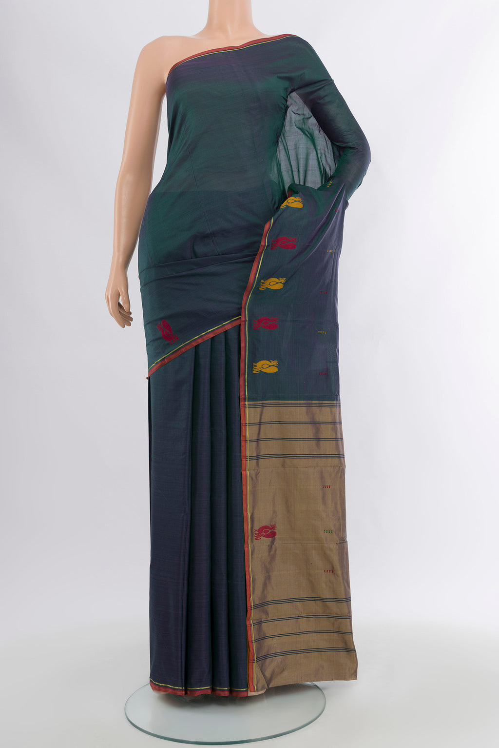 Peacock Blue Kanchipuram Silk Saree with Plain Body and Thread Border.  displayed on a mannequin