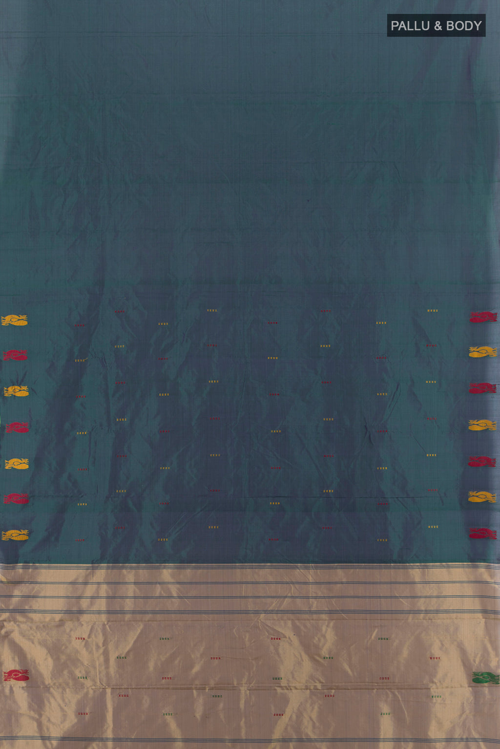 Flat view of Peacock Blue Kanchipuram Silk Saree with Plain Body and Thread Border. 
