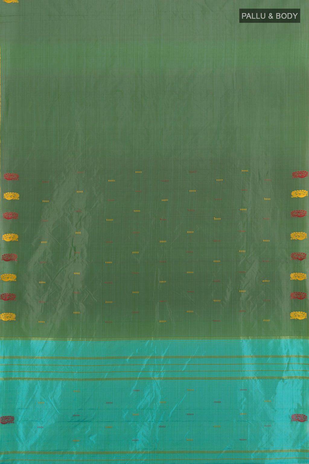 Flat view of Green Kanchipuram Silk Saree with Plain Body and Thread Border. 