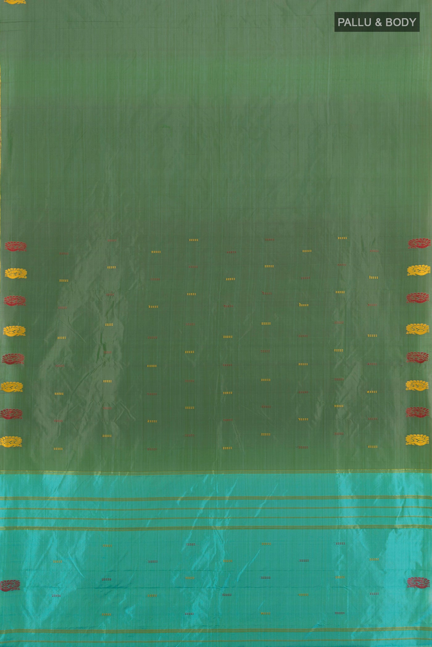 Flat view of Green Kanchipuram Silk Saree with Plain Body and Thread Border. 