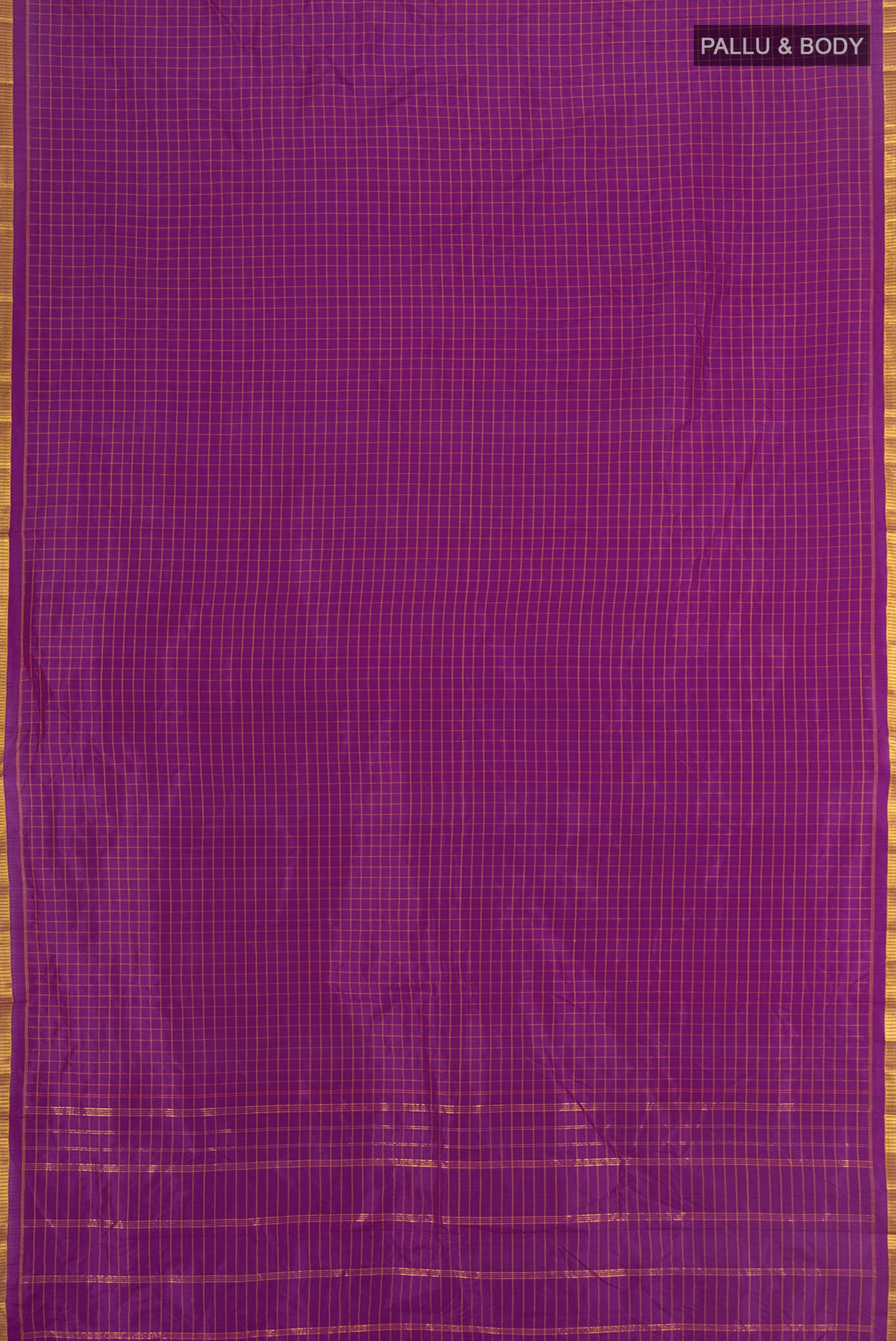 Flat view of Purple Kanjivaram Silk Saree with Checked design on the body and Zari Border. 