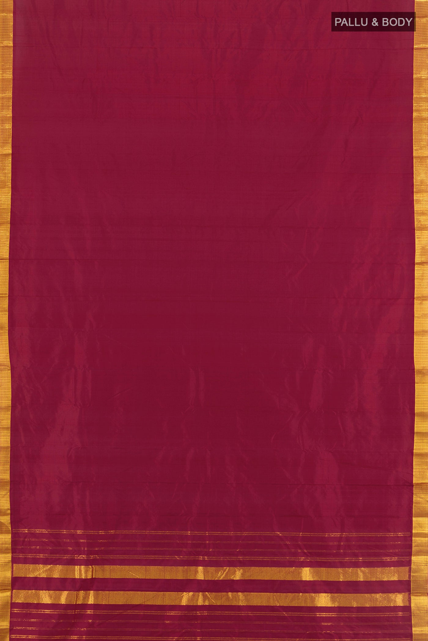 Flat view of Maroon Kanjivaram Silk Saree with Plain Body and Zari Border. 