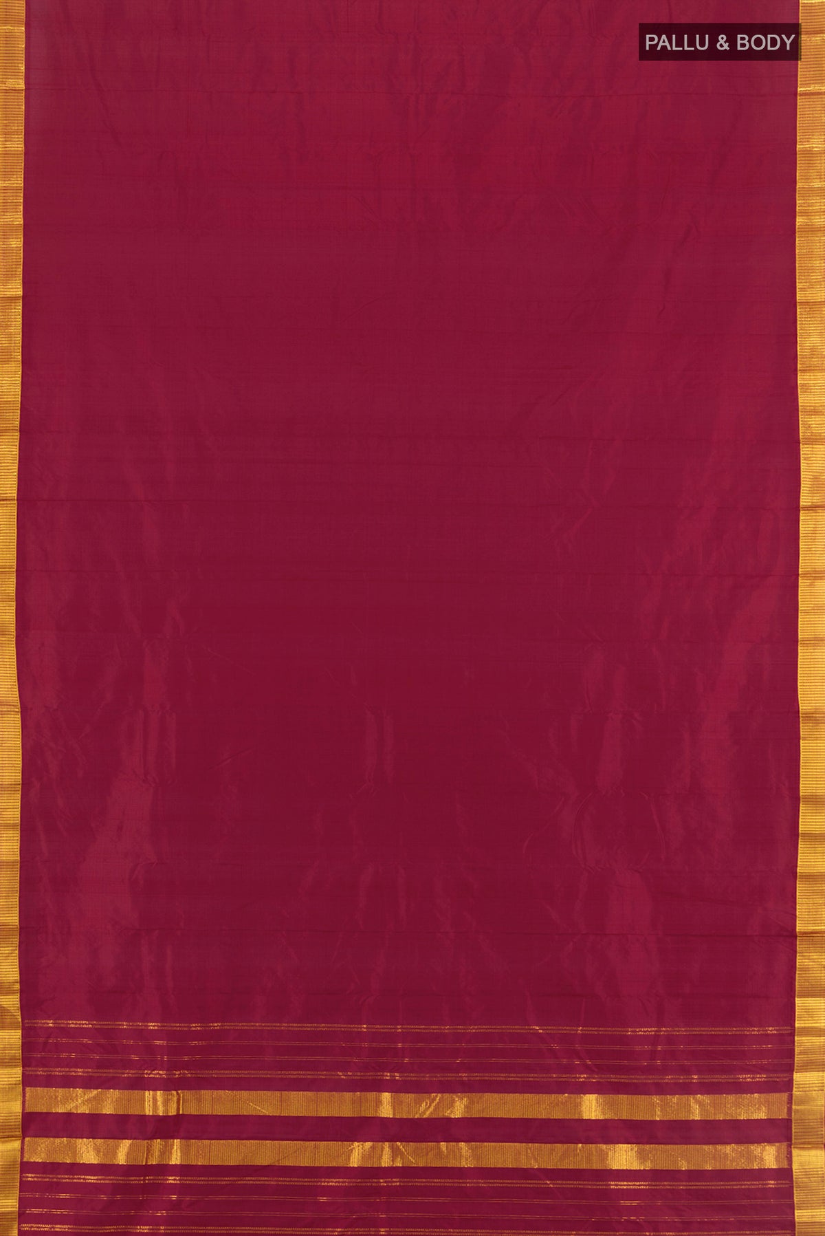 Flat view of Maroon Kanjivaram Silk Saree with Plain Body and Zari Border. 