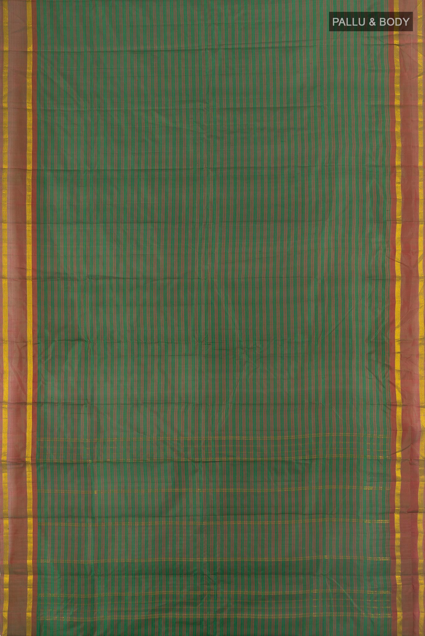 Flat view of Green Kanjivaram Silk Saree with Stripes on the body and Zari Border. 