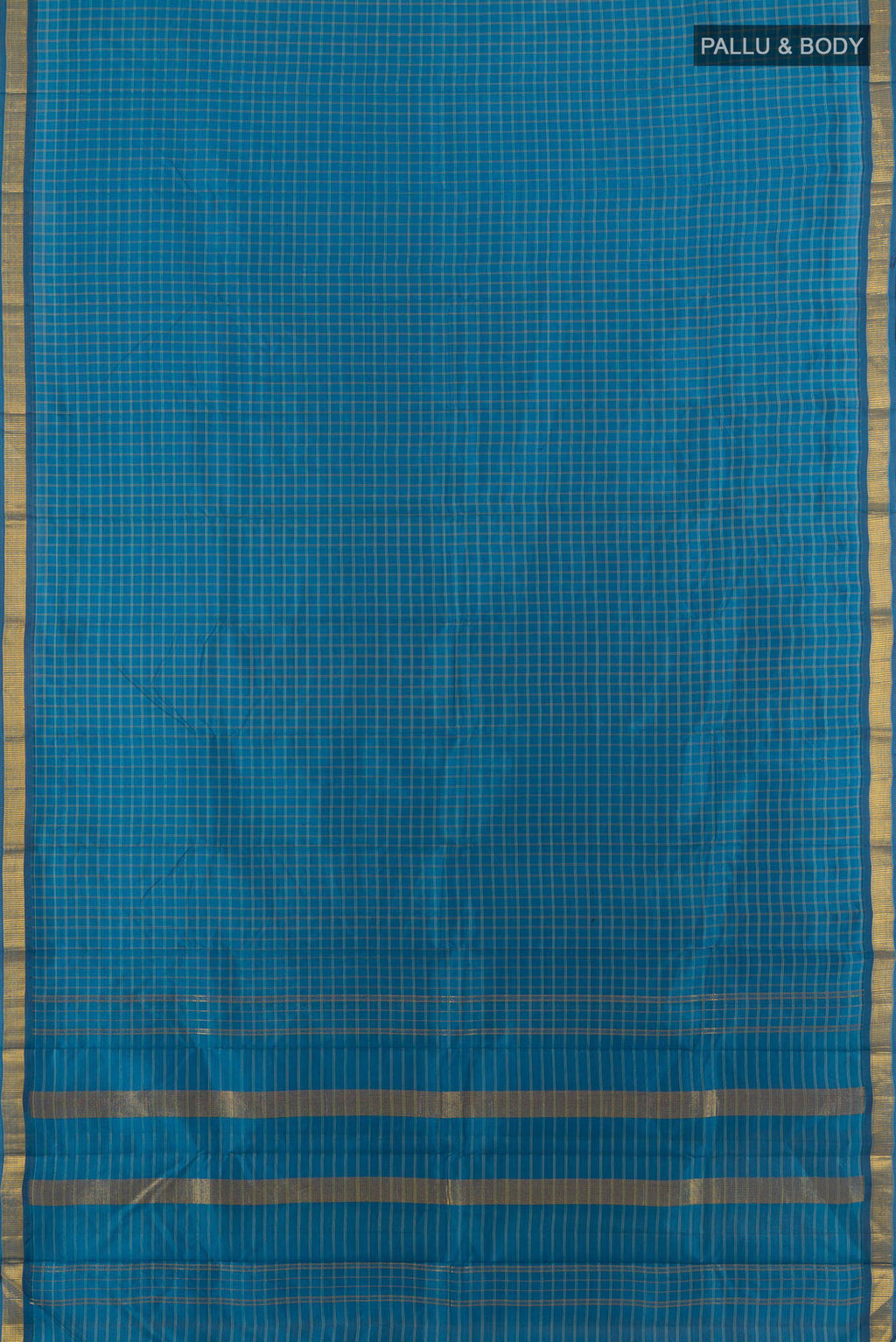 Flat view of Pure Silk Blue Kanjivaram Saree with Checked design on the body and Zari Border. 