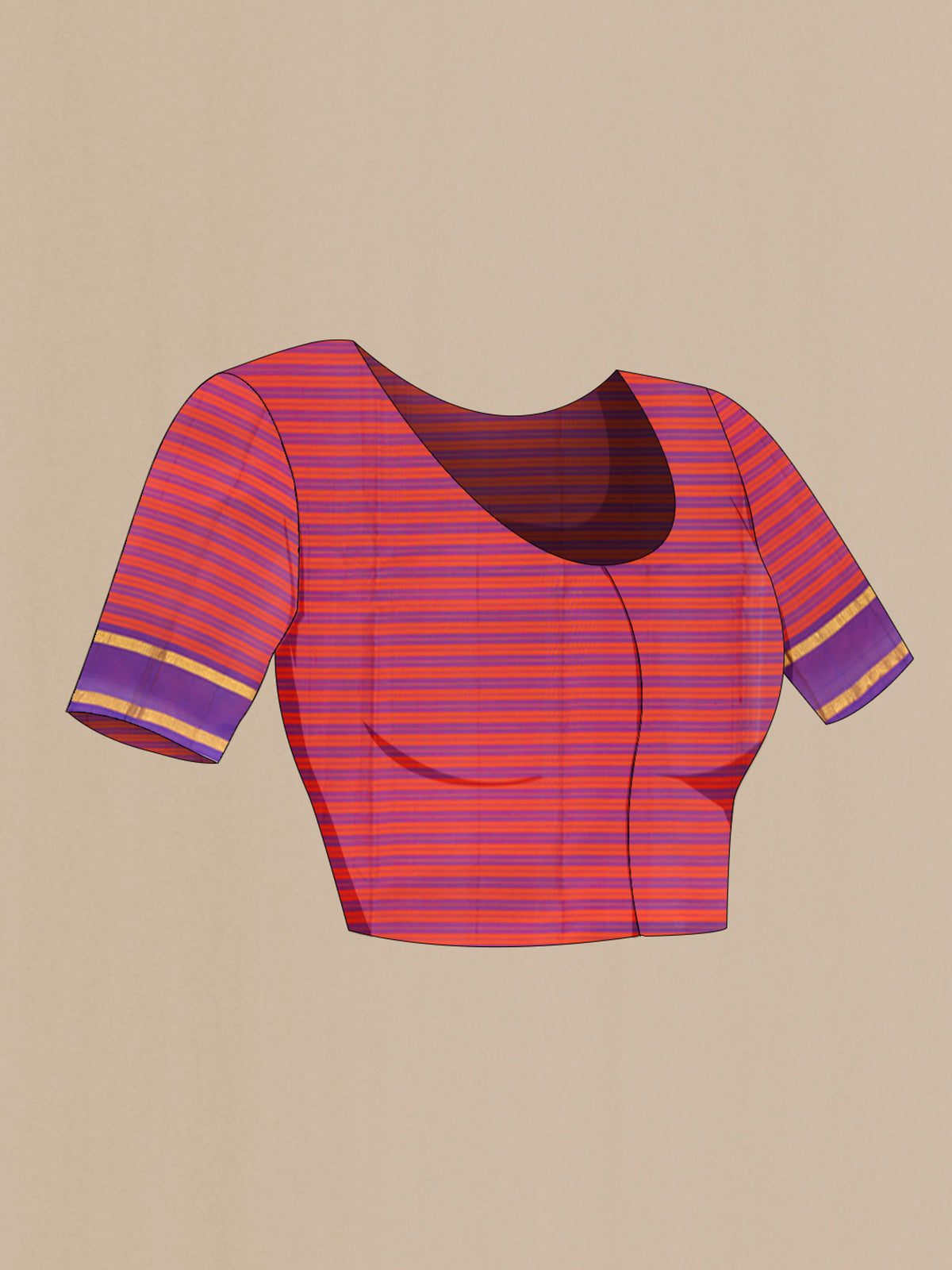 Close up image of the blouse of Pure Silk Multi Color Kanjivaram Saree with Stripes on the body and Zari Border. 