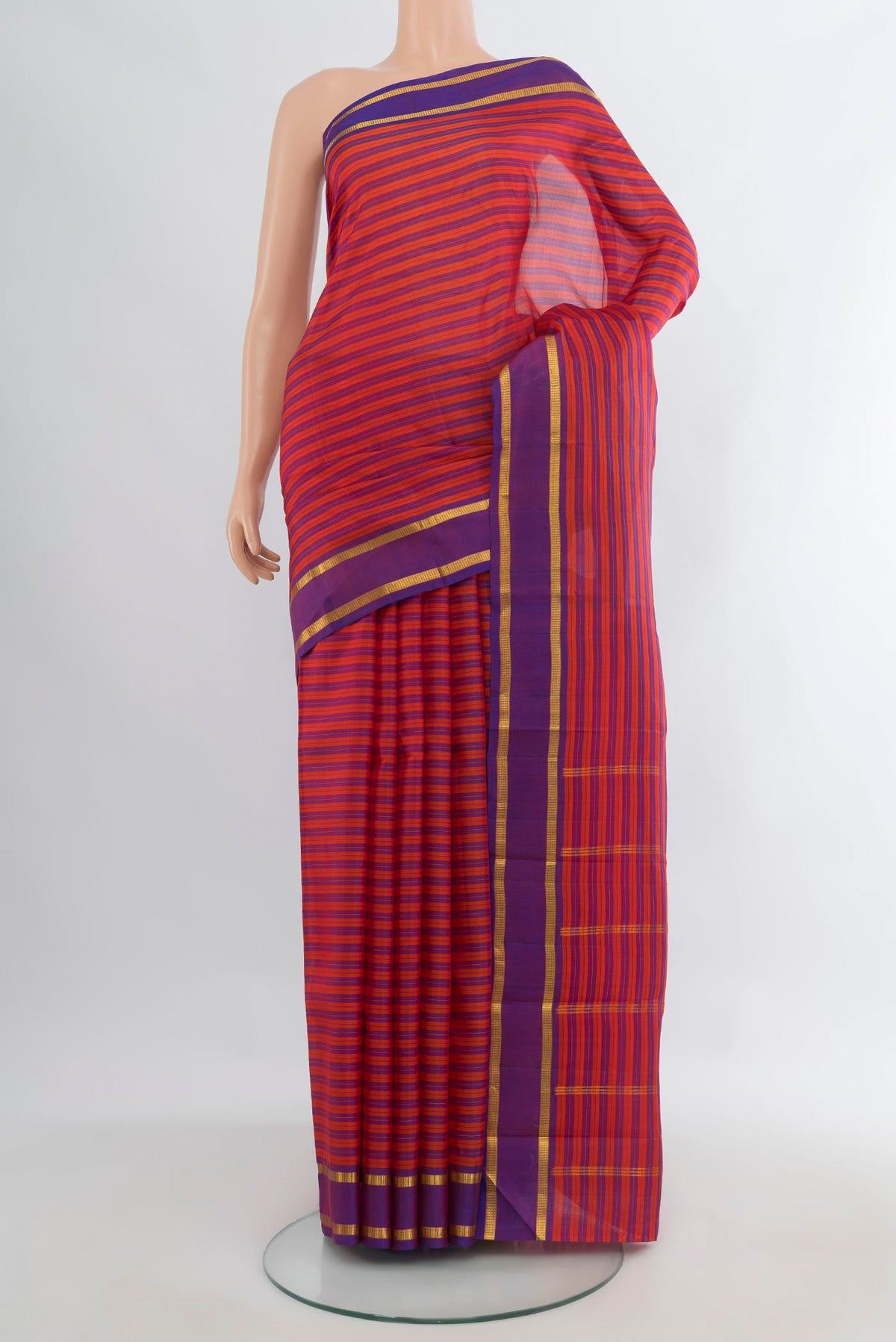Pure Silk Multi Color Kanjivaram Saree with Stripes on the body and Zari Border.  displayed on a mannequin