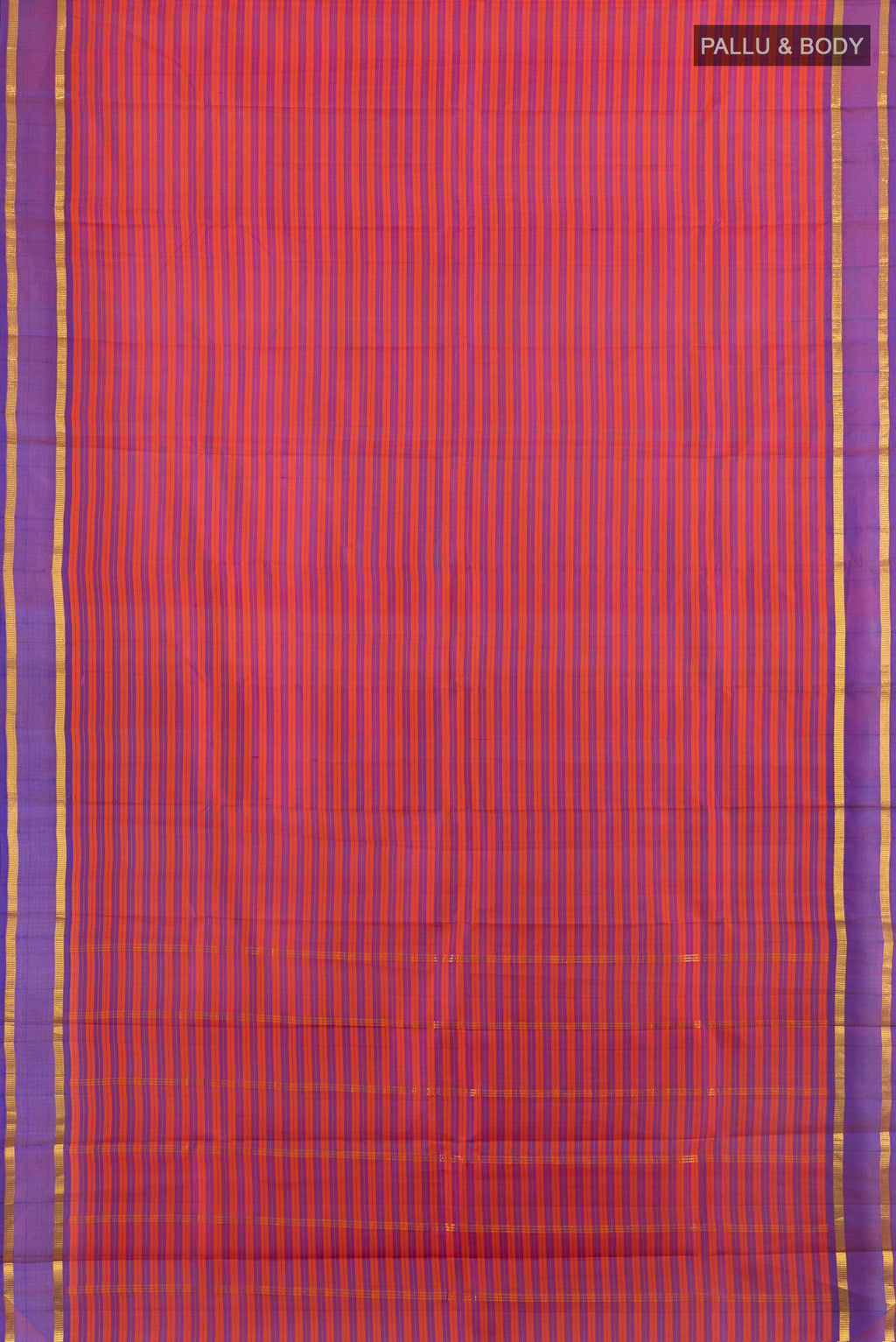 Flat view of Pure Silk Multi Color Kanjivaram Saree with Stripes on the body and Zari Border. 