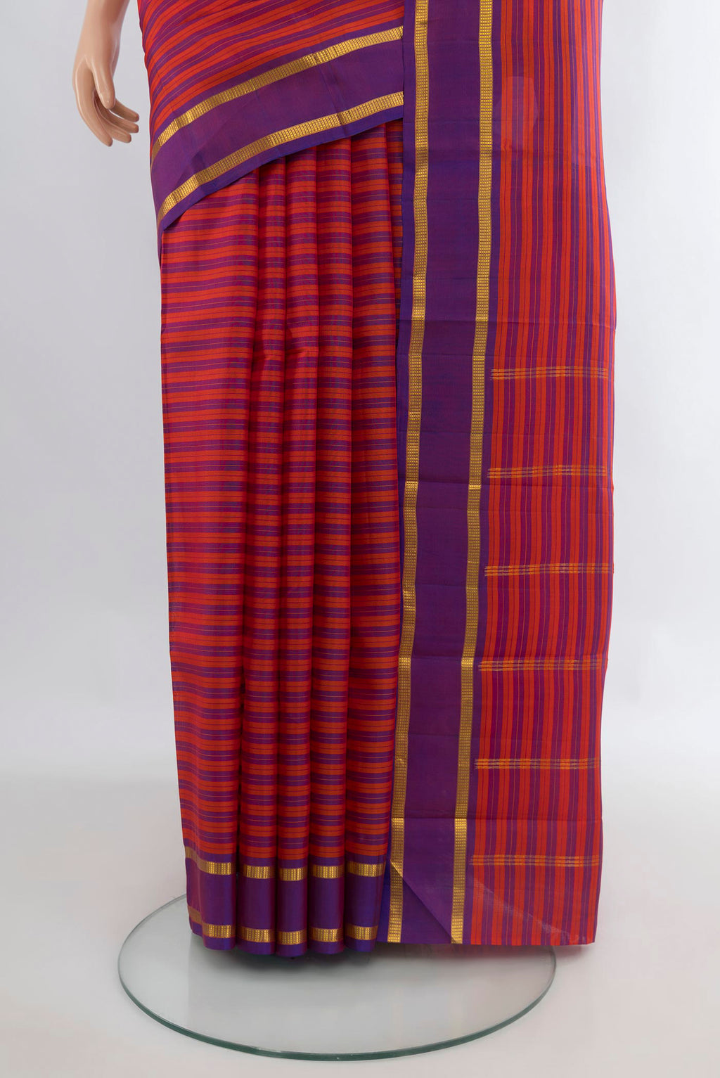 Pleats and pallu of Pure Silk Multi Color Kanjivaram Saree with Stripes on the body and Zari Border. 