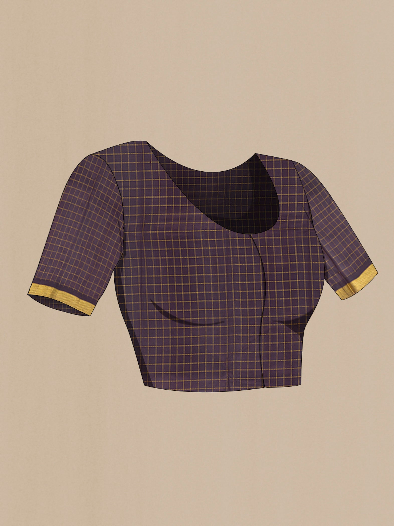 Close up image of the blouse of Coffee Brown Kanchipuram Silk Saree with Checked design on the body and Zari Border. 