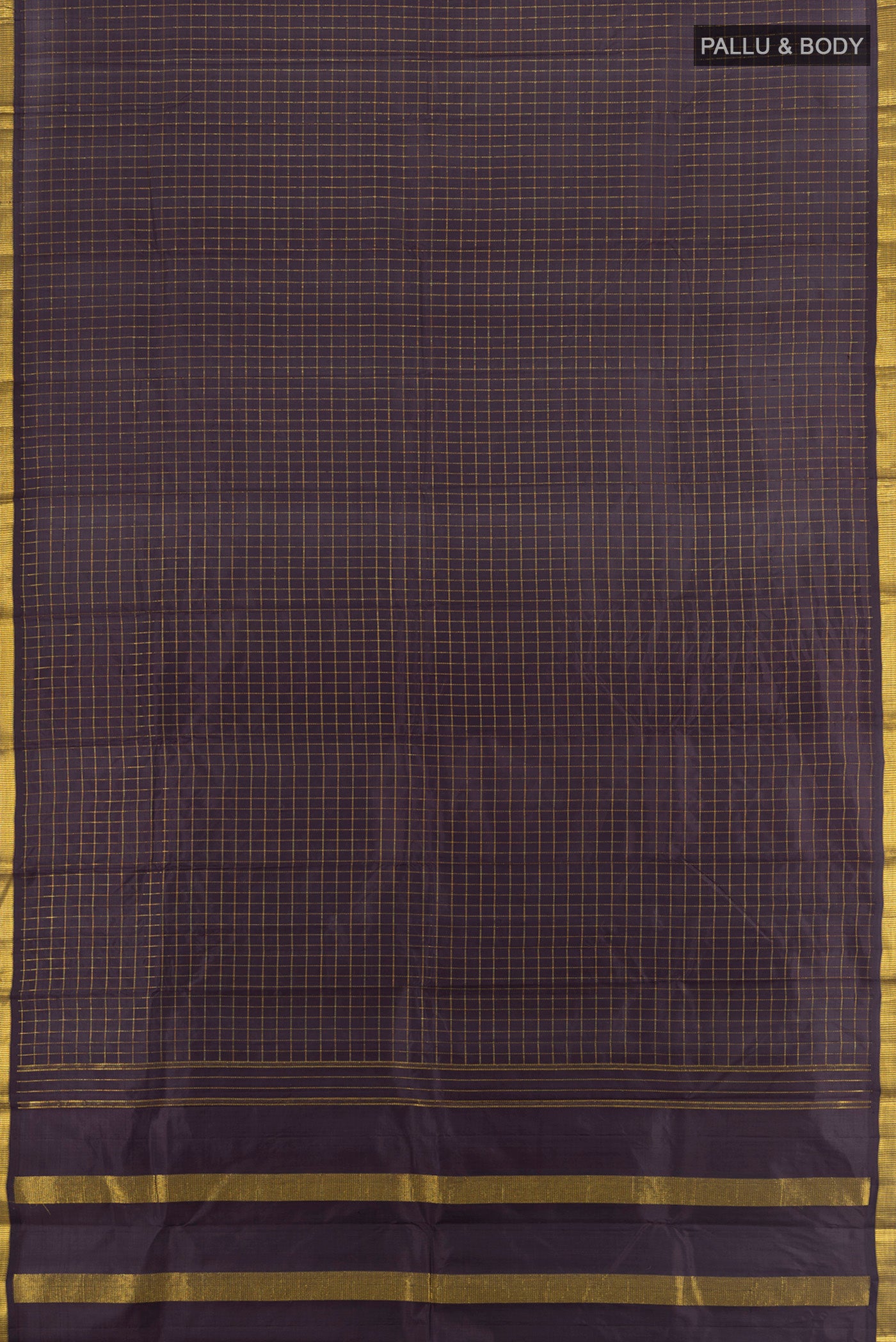 Flat view of Coffee Brown Kanchipuram Silk Saree with Checked design on the body and Zari Border. 