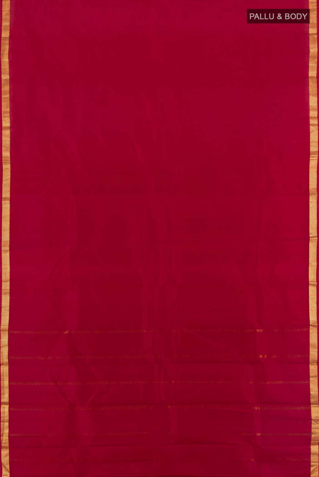 Flat view of Pure Silk Deep Red Kanjivaram Saree with Plain Body and Zari Border. 