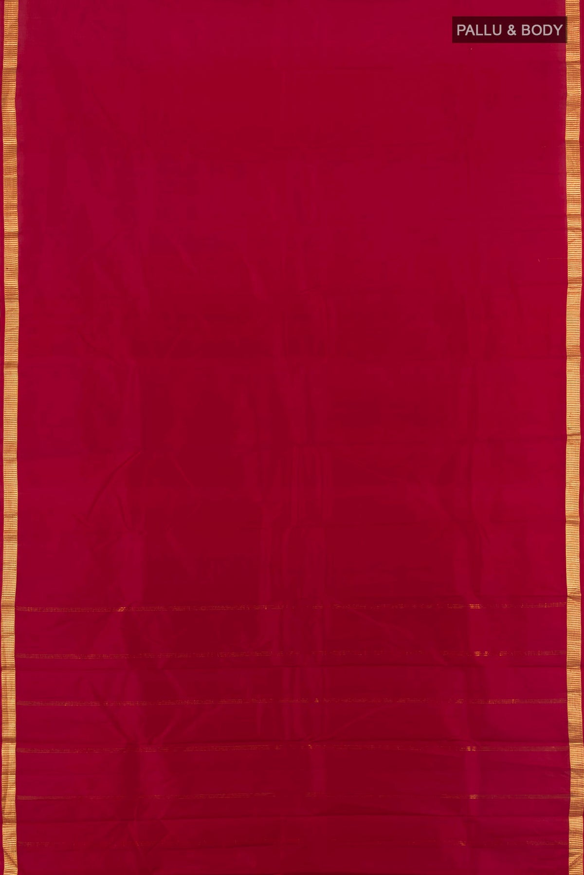 Flat view of Pure Silk Deep Red Kanjivaram Saree with Plain Body and Zari Border. 