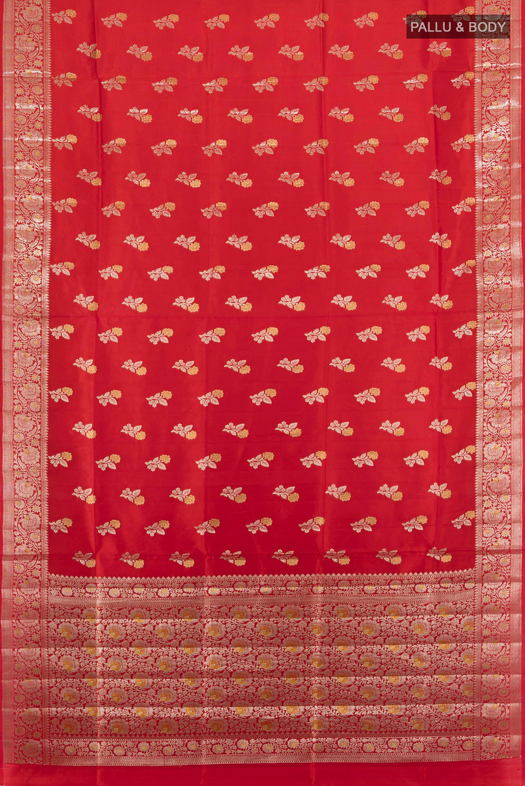 Flat view of Pure Silk Red Banarasi Raw Saree with Zari Butta on the body and Zari Border. 