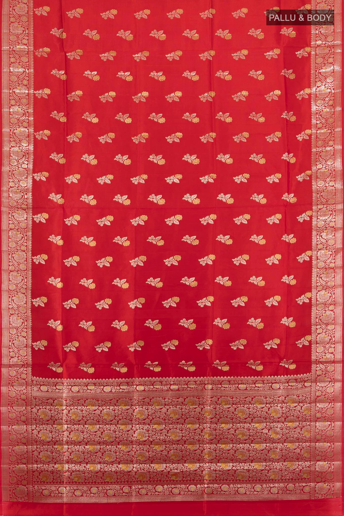Flat view of Pure Silk Red Banarasi Raw Saree with Zari Butta on the body and Zari Border. 
