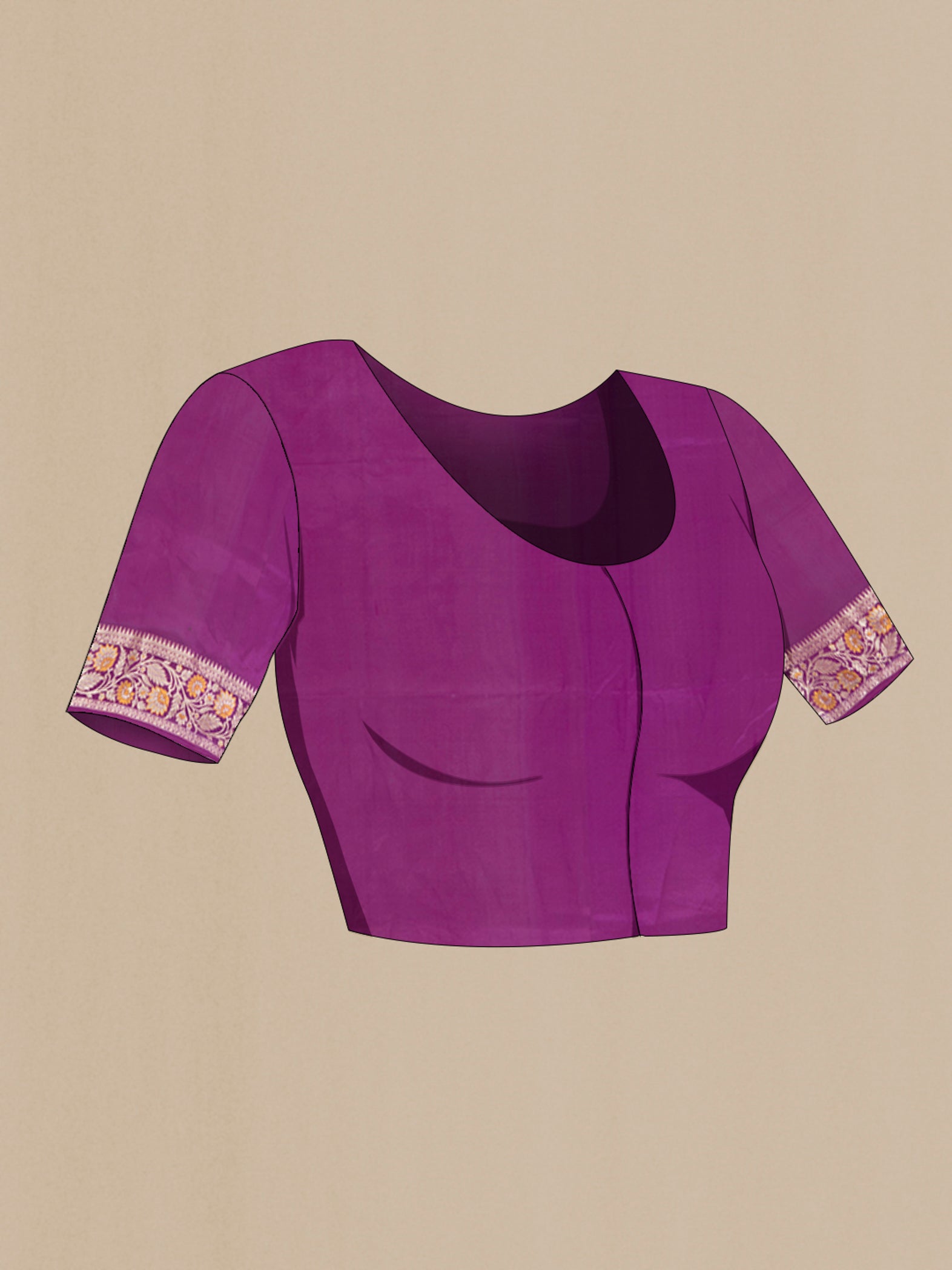 Close up image of the blouse of Purple Banarasi Raw Silk Saree with Zari Butta on the body and Zari Border. 