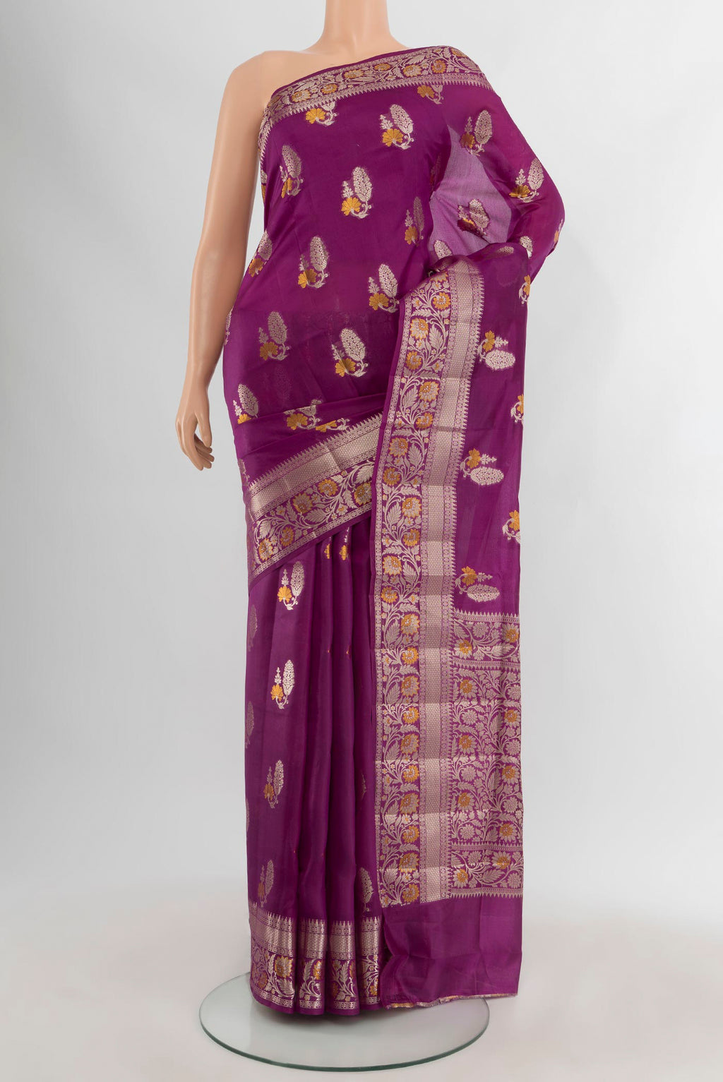 Purple Banarasi Raw Silk Saree with Zari Butta on the body and Zari Border.  displayed on a mannequin