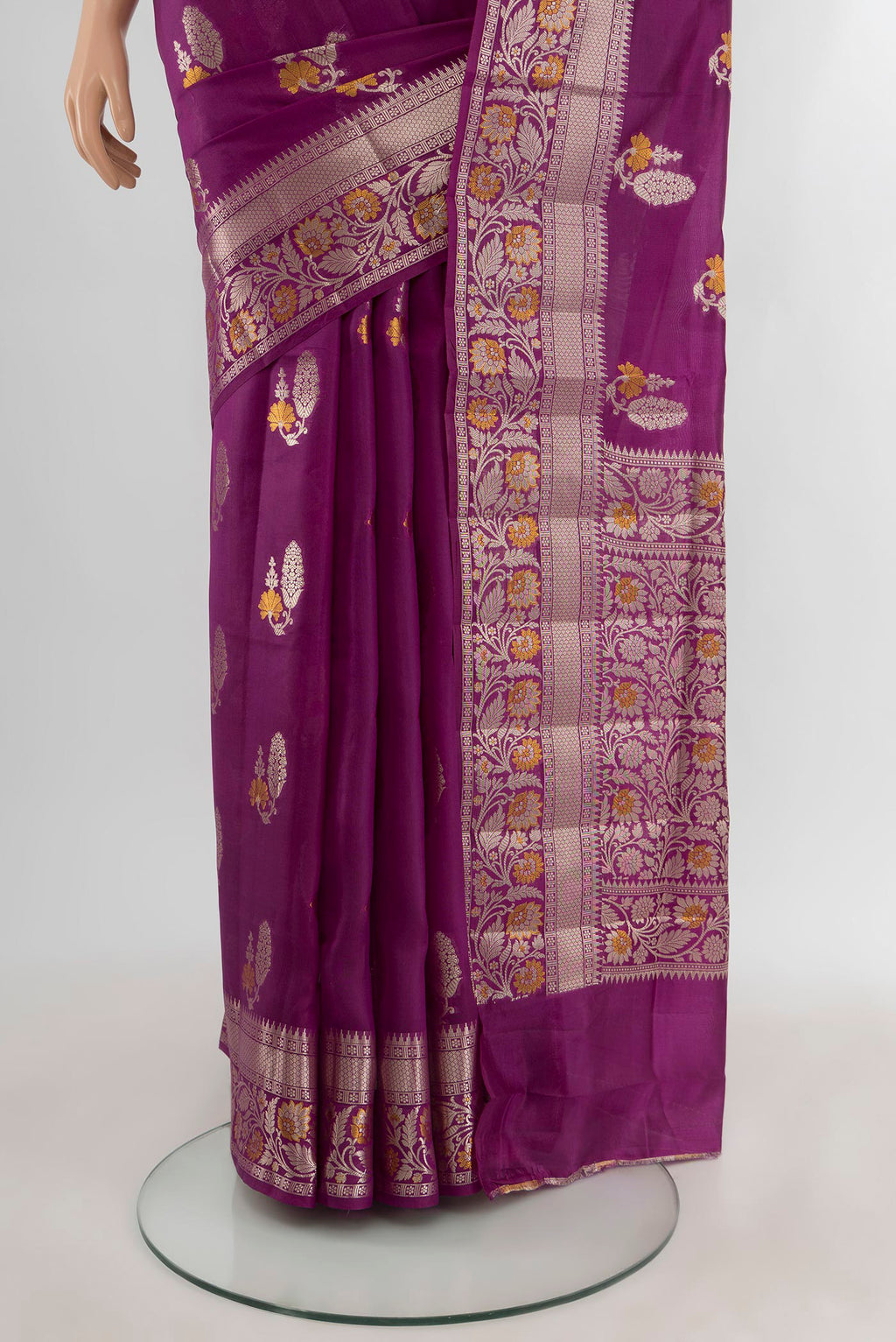 Pleats and pallu of Purple Banarasi Raw Silk Saree with Zari Butta on the body and Zari Border. 