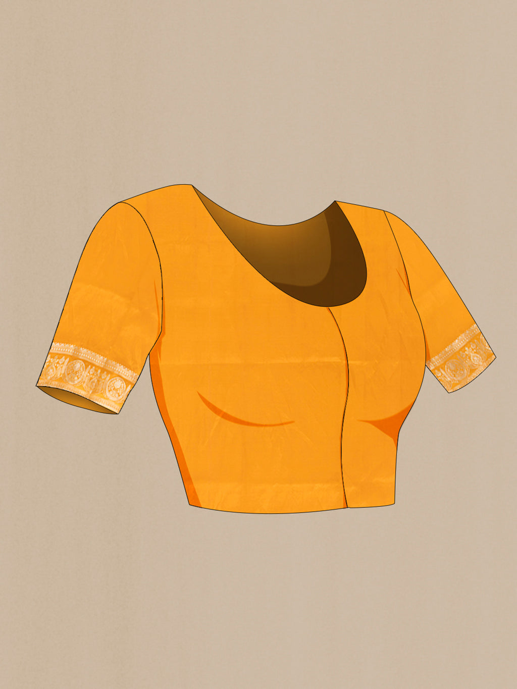 Close up image of the blouse of Mustard Banarasi Raw Silk Saree with Zari Butta on the body and Zari Border. 